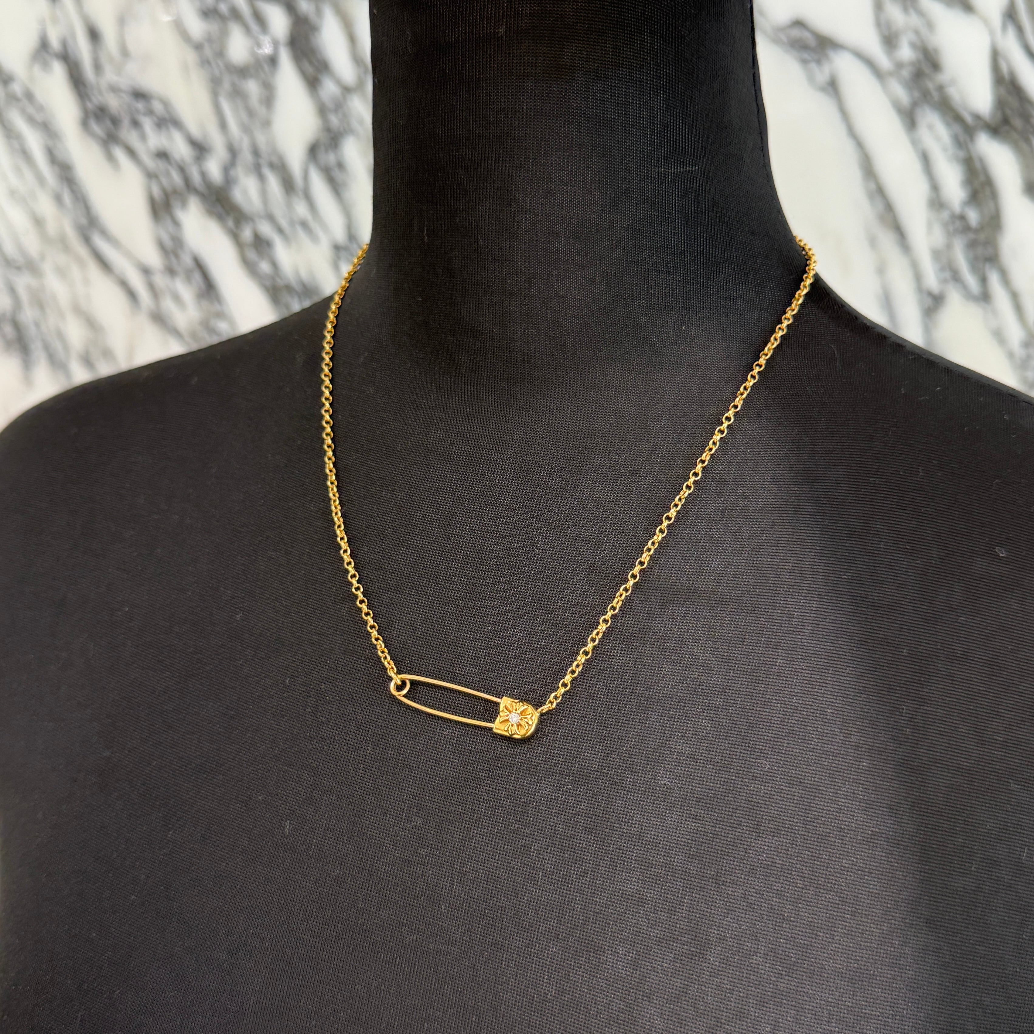 CHROME HEARTS 22K Safety Pin 1 Diamond Roll Chain Necklace