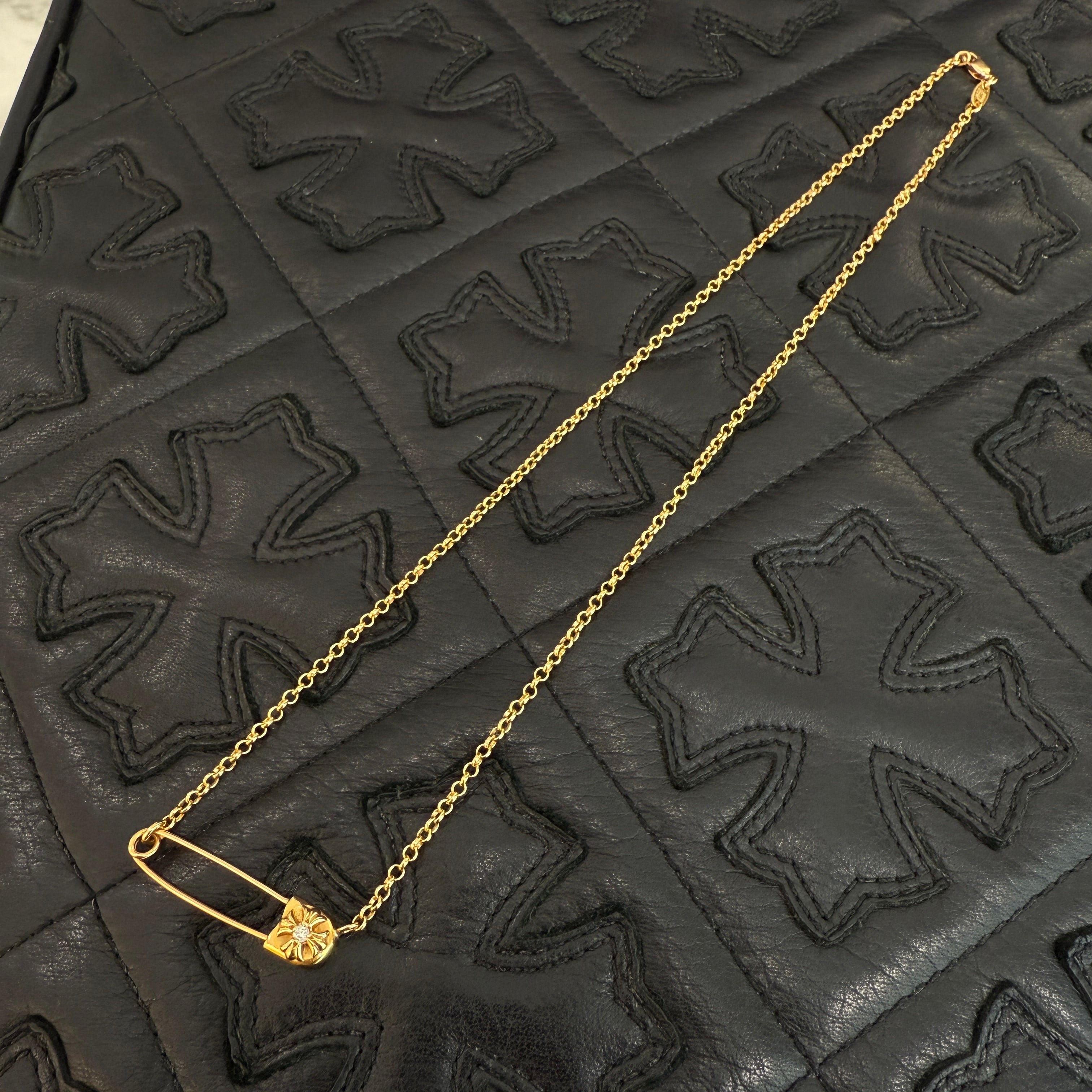 CHROME HEARTS 22K Safety Pin 1 Diamond Roll Chain Necklace Size 18 Inch クロムハーツ 22K セーフティピン 1ダイヤモンド ロールチェーン ネックレス 18インチ