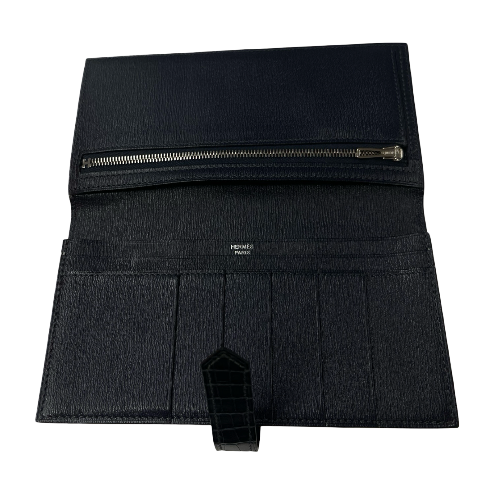 HERMES Bearn Soufflet Alligator "Black/Blue Saphir"