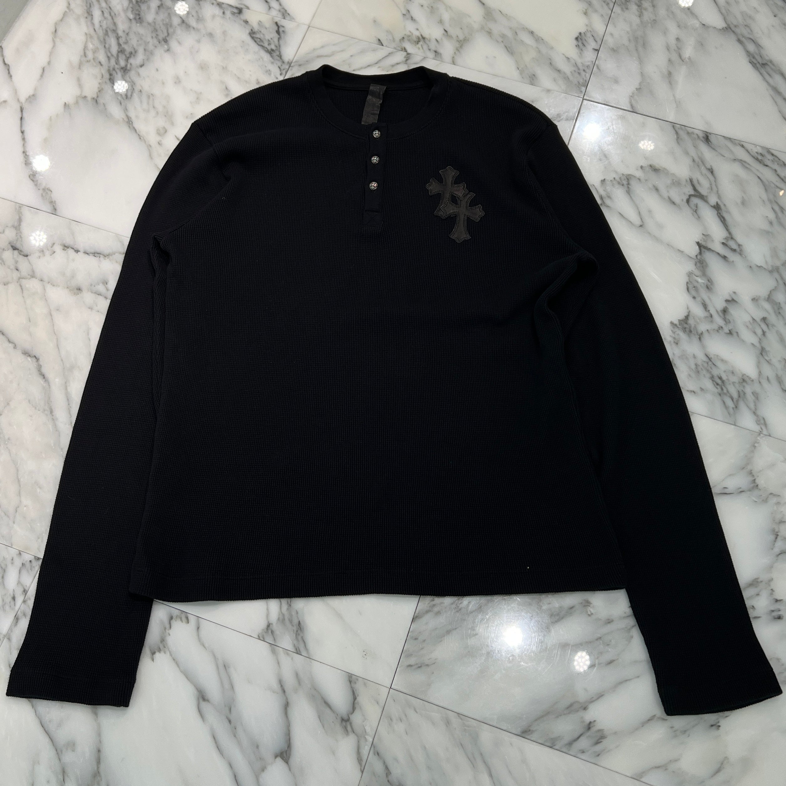 CHROME HEARTS Y NOT Leather Cross Patch Polo Thermal Long Sleeve Tee Size L クロムハーツ ワイノット レザークロスパッチ ポロ サーマル ロングスリーブ Tシャツ サイズL