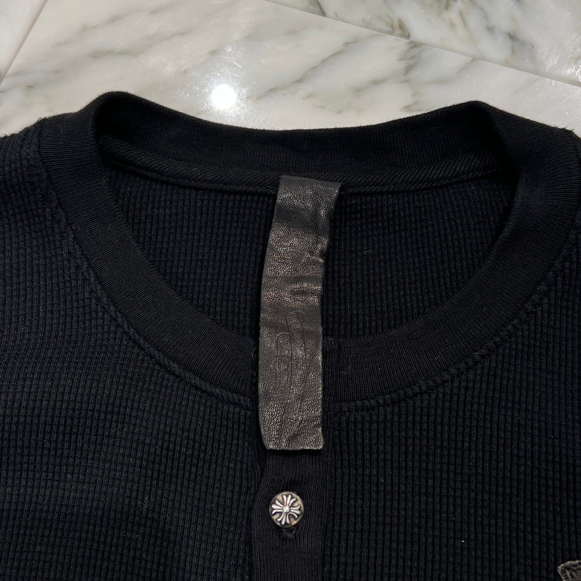 CHROME HEARTS Y NOT Leather Cross Patch Polo Thermal Long Sleeve Tee Size L クロムハーツ ワイノット レザークロスパッチ ポロ サーマル ロングスリーブ Tシャツ サイズL