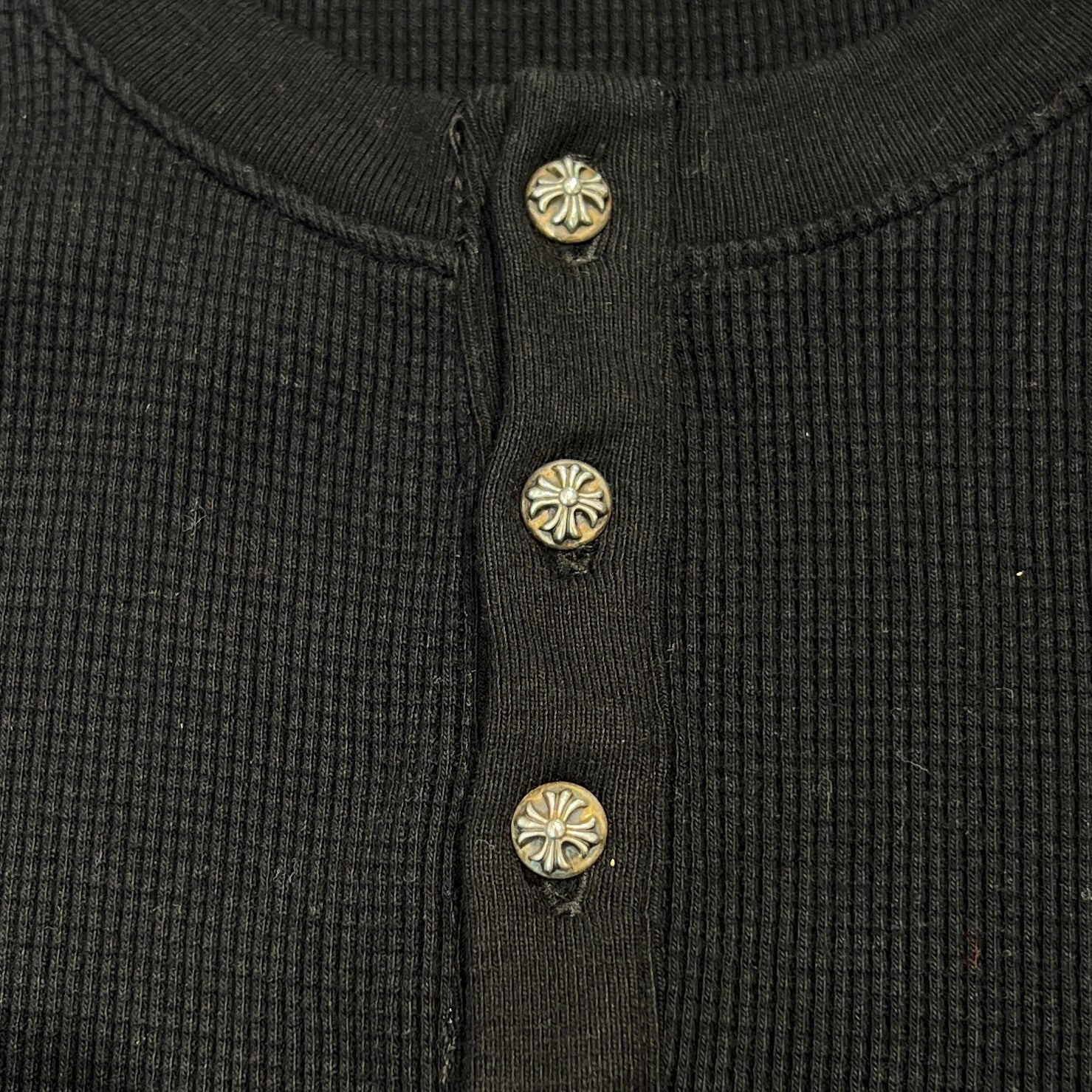 CHROME HEARTS Y NOT Leather Cross Patch Polo Thermal Long Sleeve Tee Size L クロムハーツ ワイノット レザークロスパッチ ポロ サーマル ロングスリーブ Tシャツ サイズL