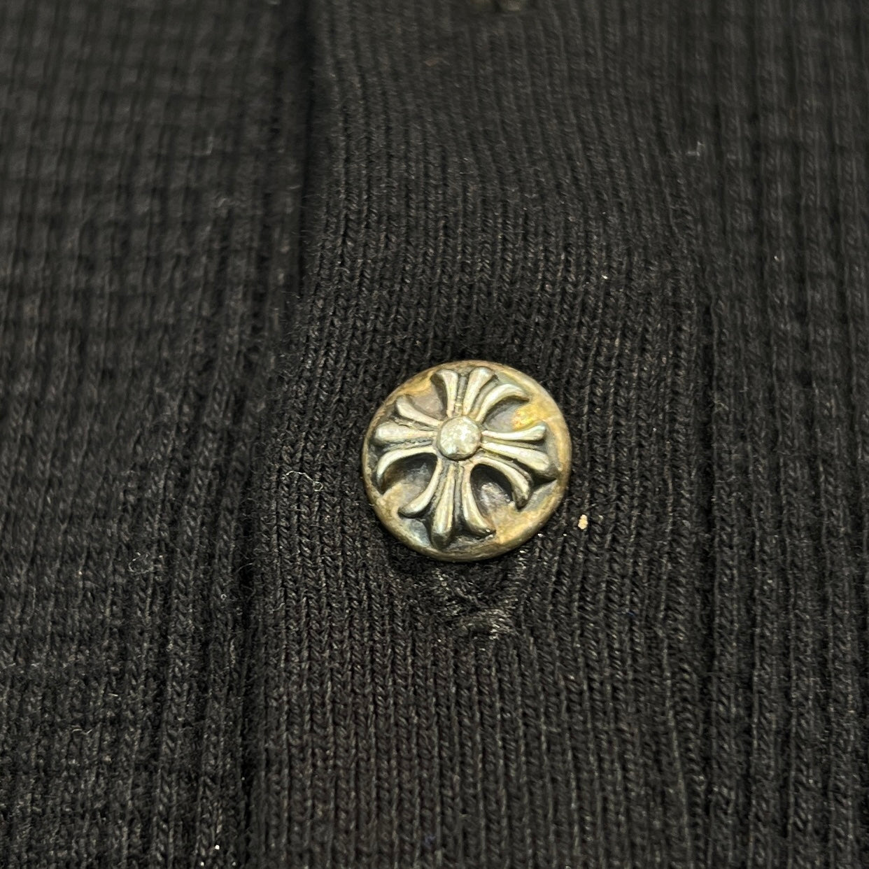 CHROME HEARTS Y NOT Leather Cross Patch Polo Thermal Long Sleeve Tee Size L クロムハーツ ワイノット レザークロスパッチ ポロ サーマル ロングスリーブ Tシャツ サイズL