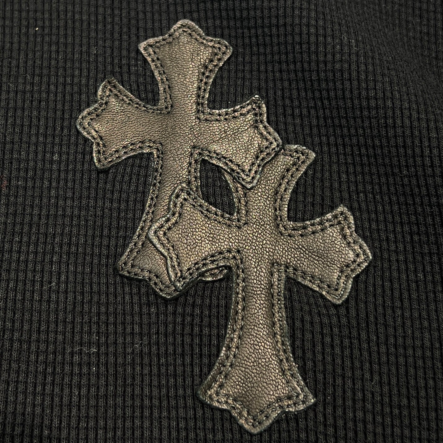 CHROME HEARTS Y NOT Leather Cross Patch Polo Thermal Long Sleeve Tee Size L クロムハーツ ワイノット レザークロスパッチ ポロ サーマル ロングスリーブ Tシャツ サイズL