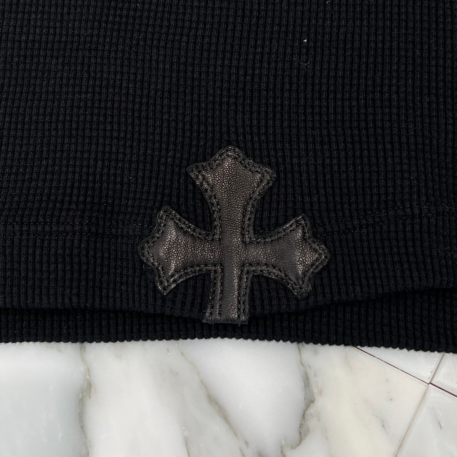 CHROME HEARTS Y NOT Leather Cross Patch Polo Thermal Long Sleeve Tee Size L クロムハーツ ワイノット レザークロスパッチ ポロ サーマル ロングスリーブ Tシャツ サイズL
