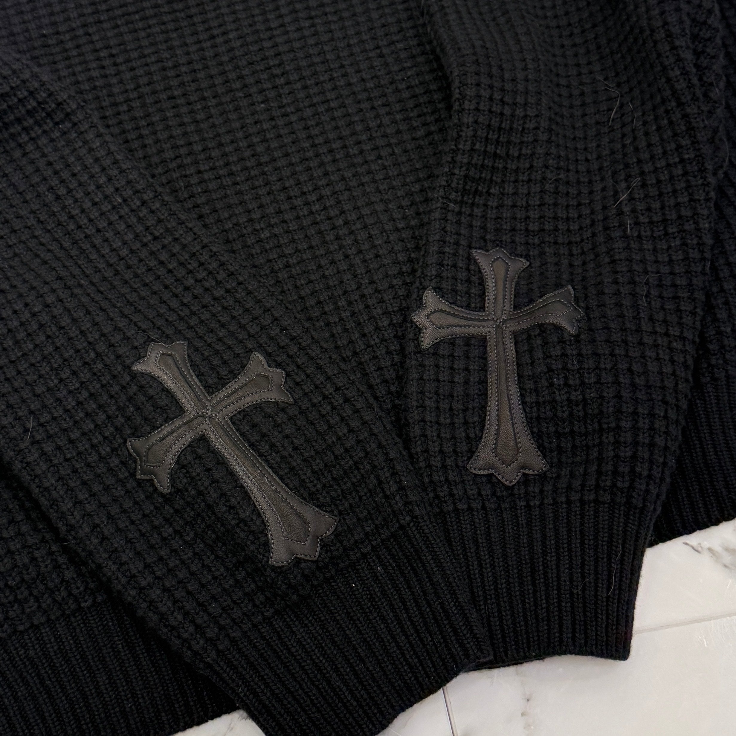 CHROME HEARTS Y NOT Cross Leather Patch Cashmere Knit Sweater Size M クロムハーツ ド ワイノット クロスレザーパッチ カシミヤ ニット セーター サイズM