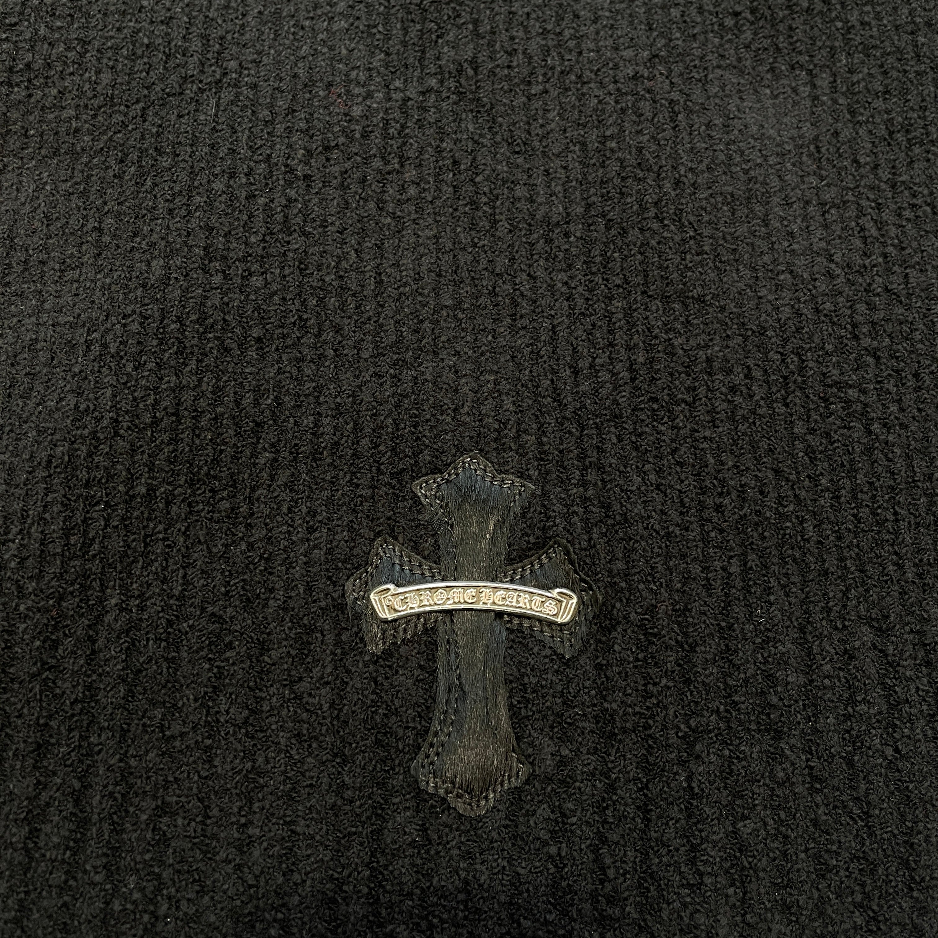 CHROME HEARTS Y NOT Harako Leather Cross Patch Knit Pullover Hoodie Size M/L クロムハーツ ワイノット ハラコレザー クロスパッチ ニット プルオーバーフーディー サイズM/L