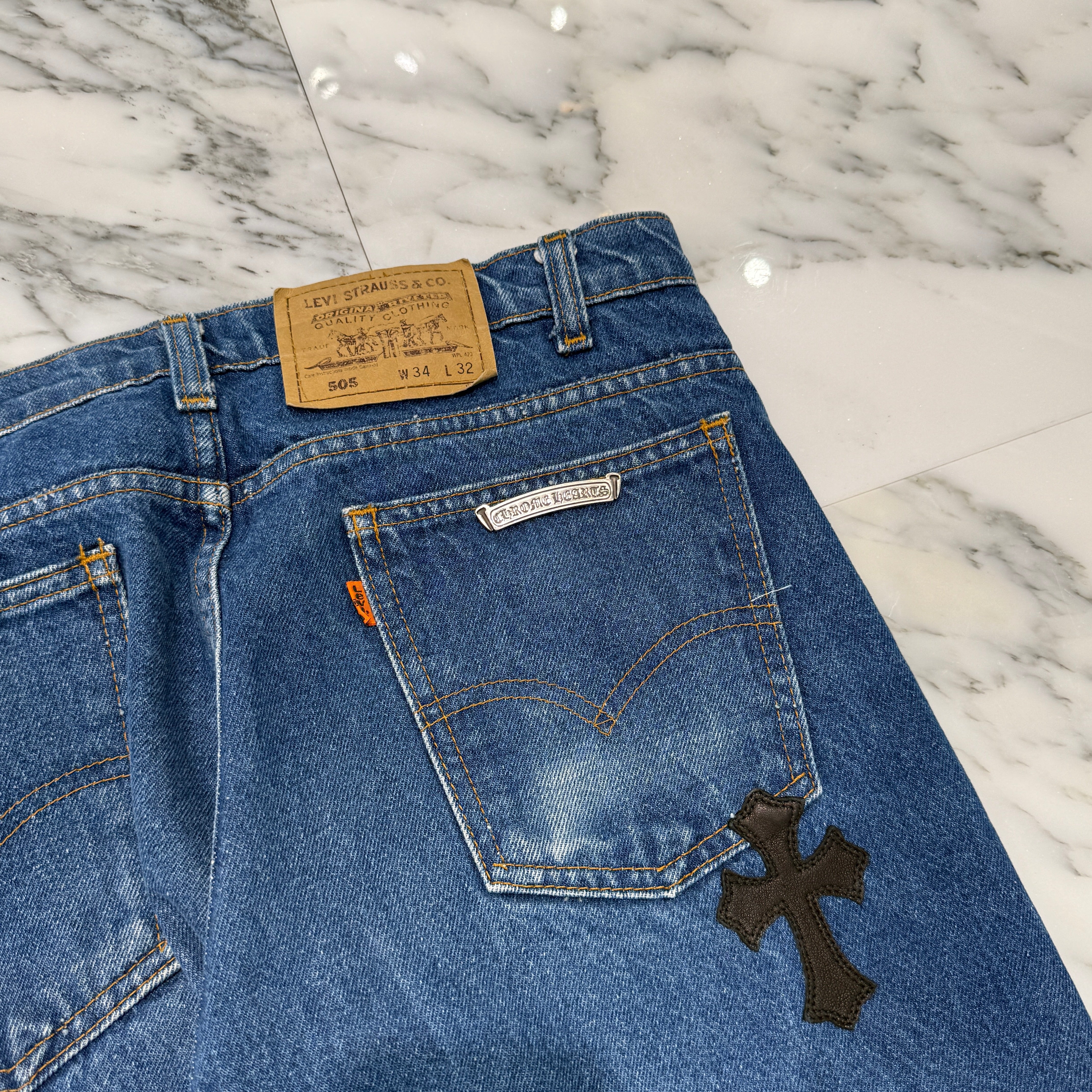 CHROME HEARTS × Levi's 505 VNTG Cross Leather Patch Denim Pants Size 33 クロムハーツ × リーバイス 505 ヴィンテージ クロスレザーパッチ デニムパンツ サイズ33