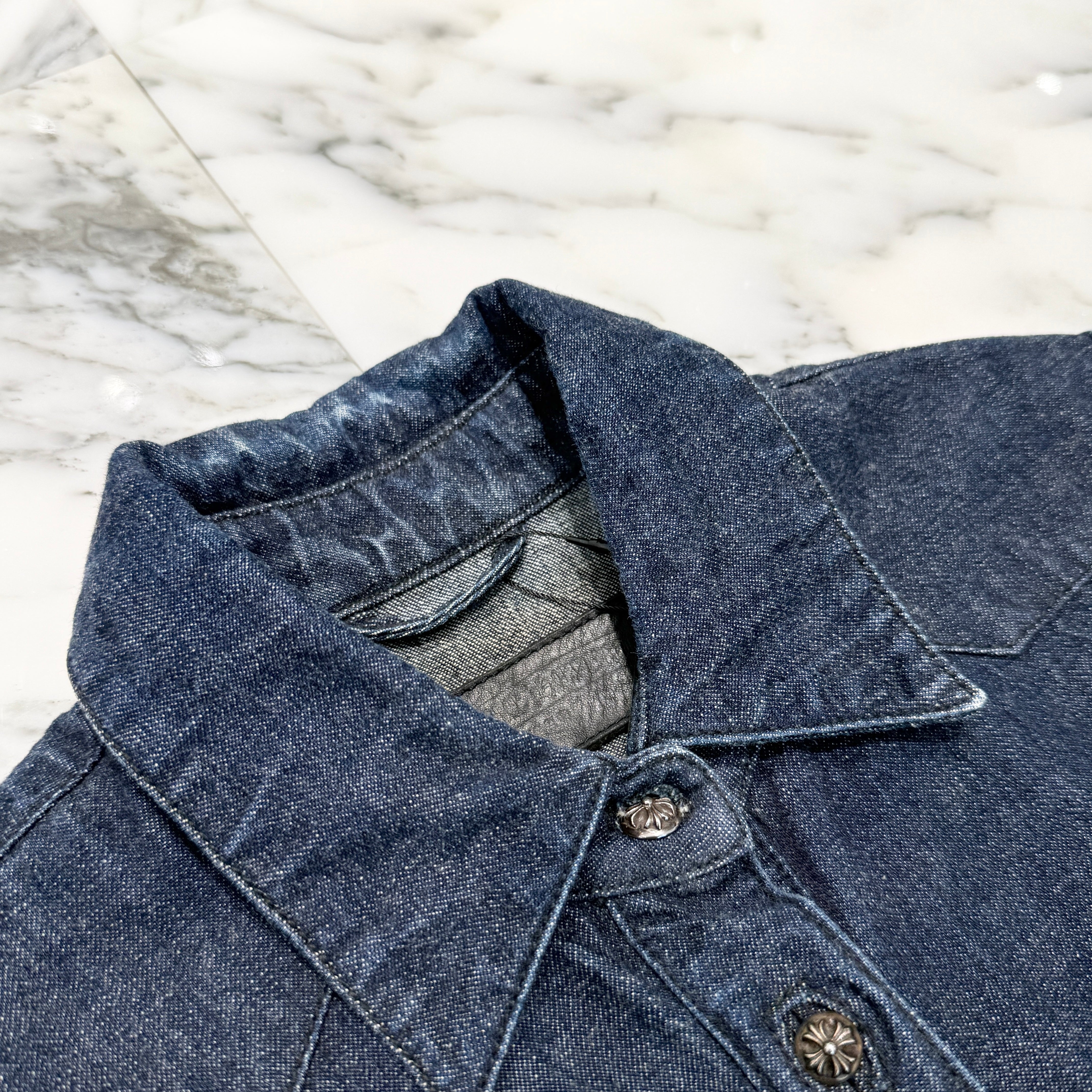 CHROME HEARTS Cross Ball Button Leather Denim Docking Dress Shirt Size S クロムハーツ クロスボールボタン レザー切替デニム ドッキング ワンピースシャツ サイズS