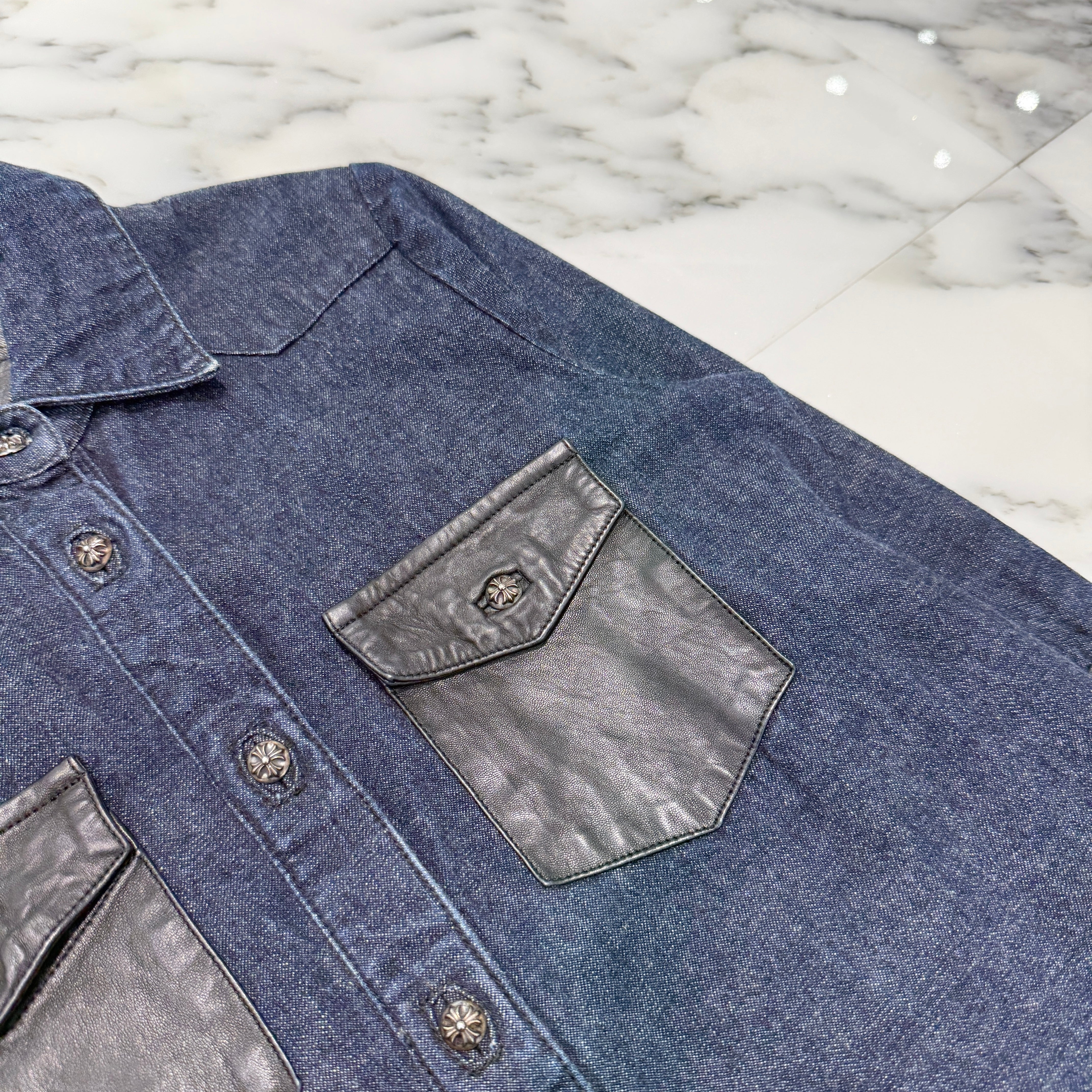 CHROME HEARTS Cross Ball Button Leather Denim Docking Dress Shirt Size S クロムハーツ クロスボールボタン レザー切替デニム ドッキング ワンピースシャツ サイズS