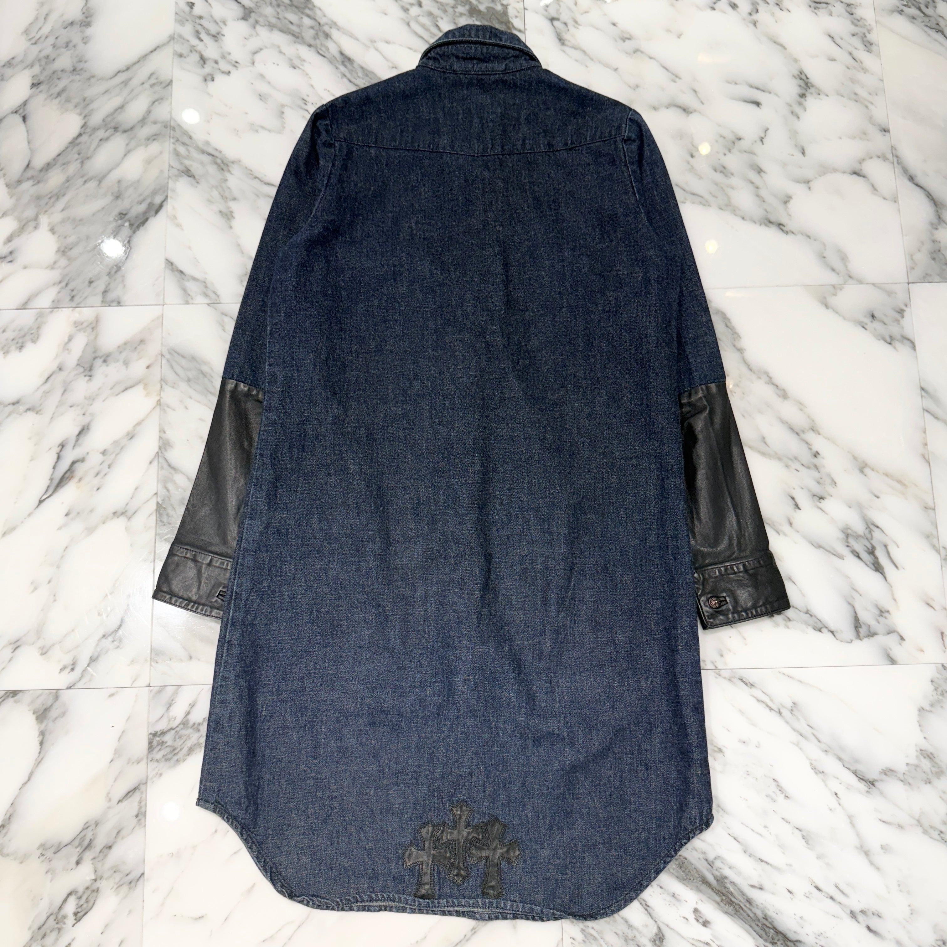 CHROME HEARTS Cross Ball Button Leather Denim Docking Dress Shirt Size S クロムハーツ クロスボールボタン レザー切替デニム ドッキング ワンピースシャツ サイズS