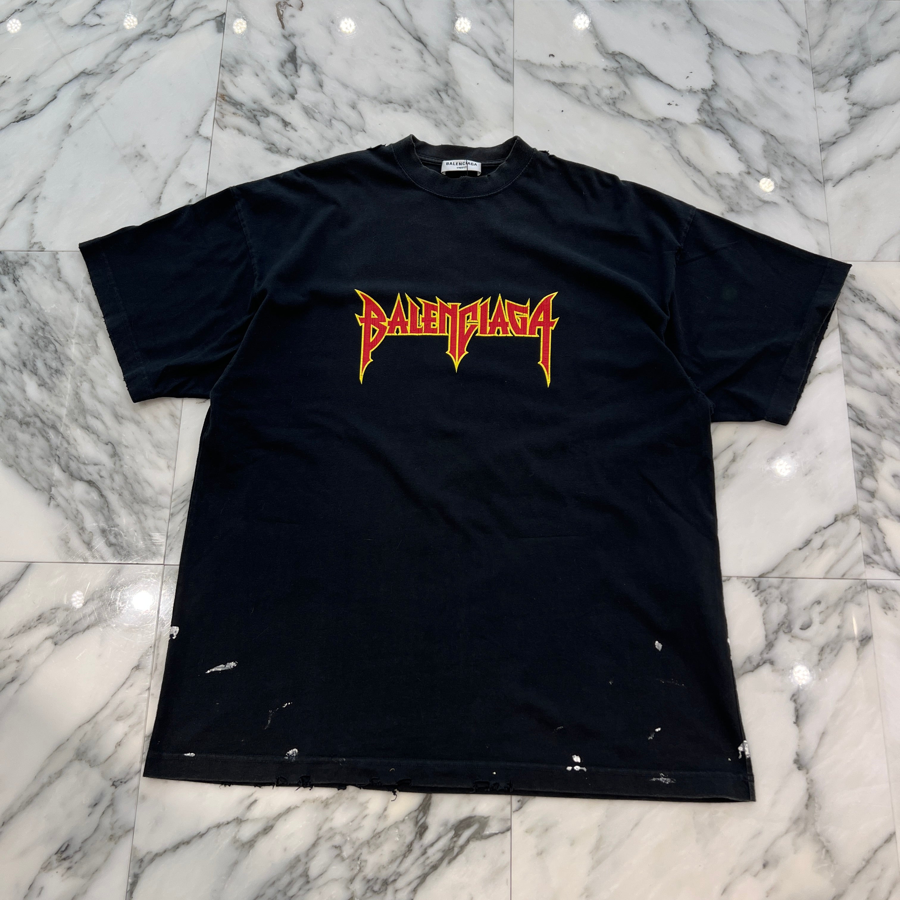 BALENCIAGA 2022SS Crushed Metal Logo Paint Tee 694575 TMV88 Size L バレンシアガ クラッシュ加工 メタルロゴ ペイント Tシャツ サイズL