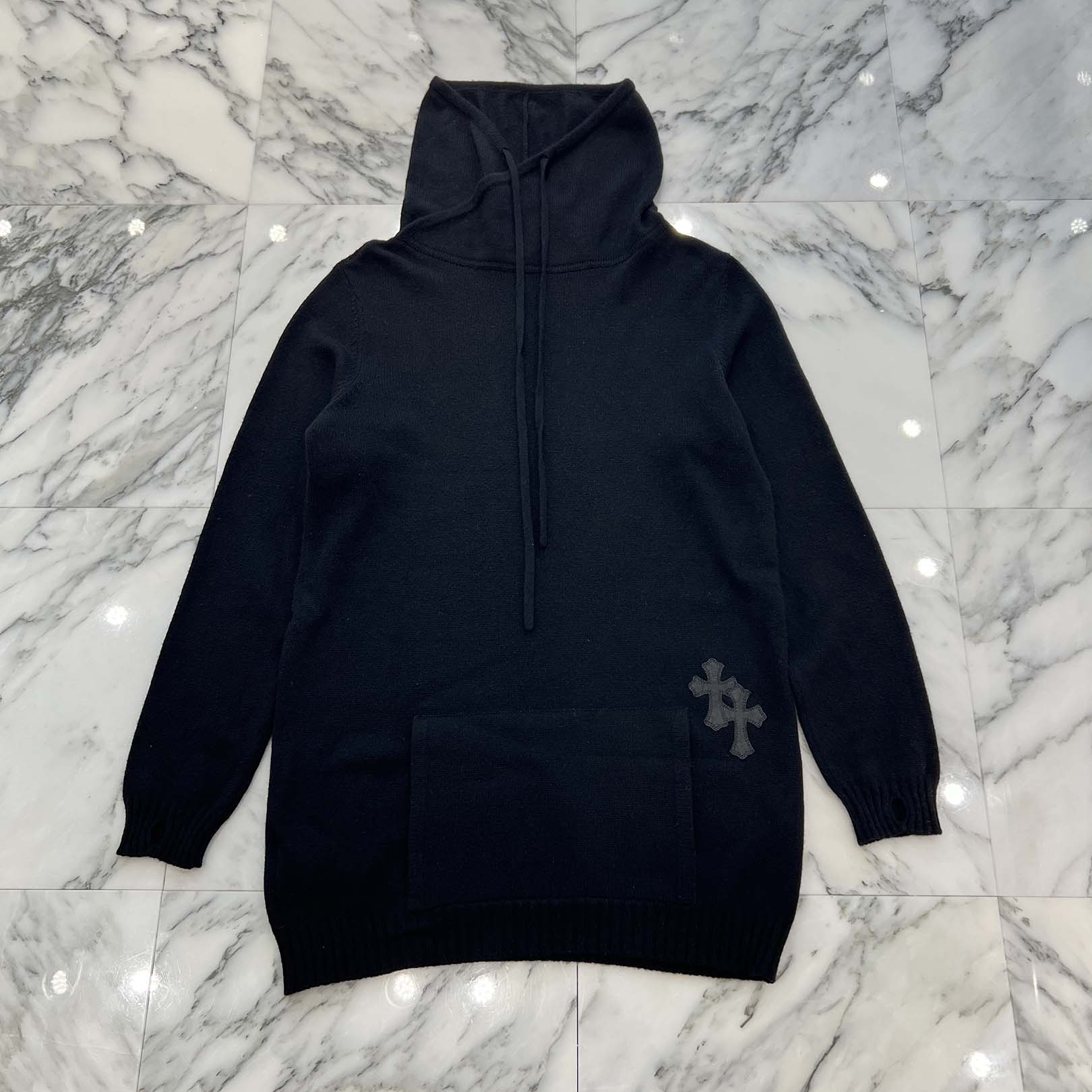 CHROME HEARTS Y NOT Leather Cross Patch Cashmere Knit Pullover Hoodie Size L クロムハーツ ワイノット レザークロスパッチ カシミヤニット プルオーバーフーディ サイズL