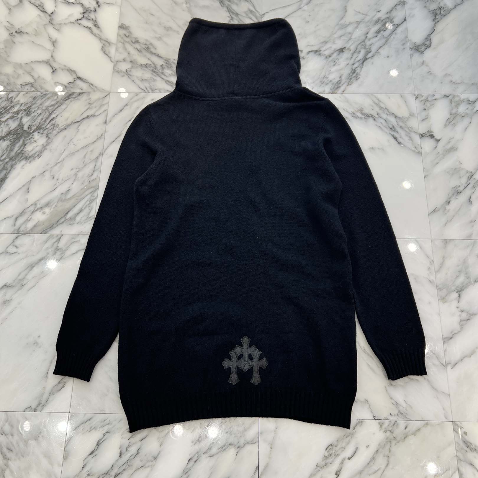 CHROME HEARTS Y NOT Leather Cross Patch Cashmere Knit Pullover Hoodie Size L クロムハーツ ワイノット レザークロスパッチ カシミヤニット プルオーバーフーディ サイズL