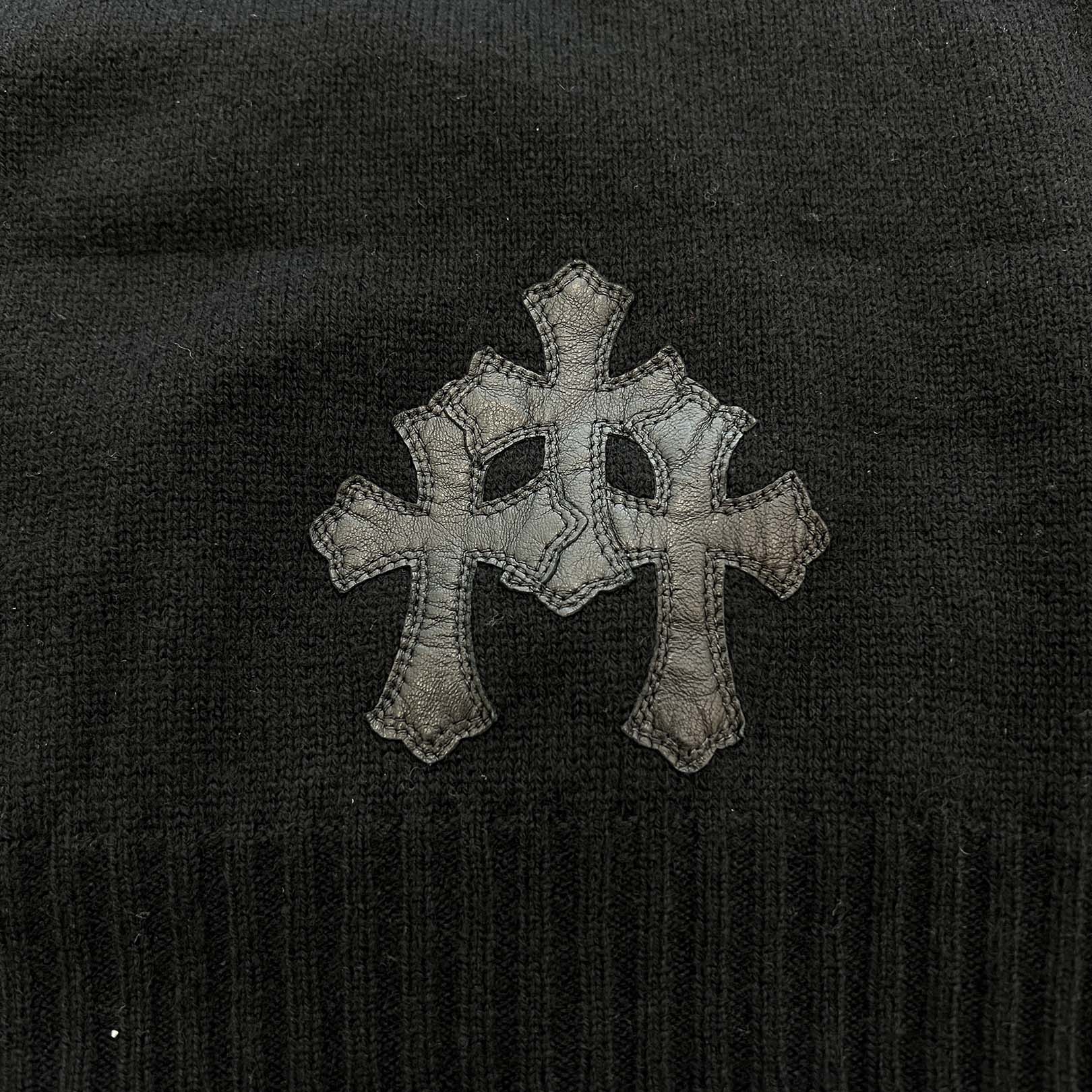CHROME HEARTS Y NOT Leather Cross Patch Cashmere Knit Pullover Hoodie Size L クロムハーツ ワイノット レザークロスパッチ カシミヤニット プルオーバーフーディ サイズL
