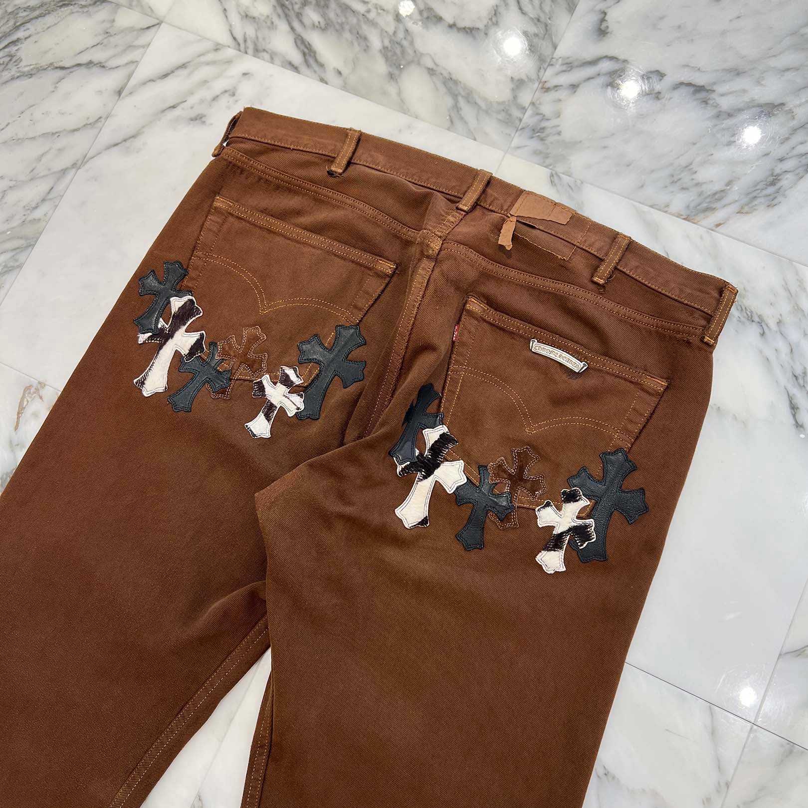 CHROME HEARTS Multi Leather Cross Patch Cross Ball Button Denim