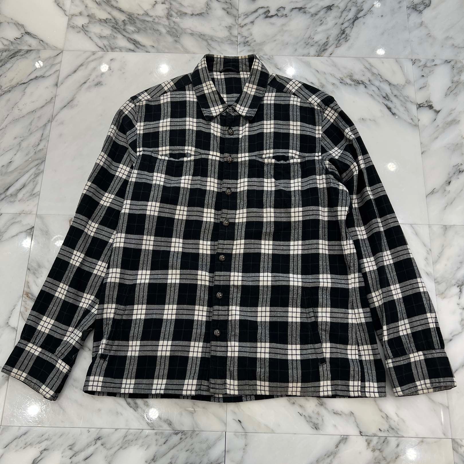 CHROME HEARTS Leather Cross Patch Cross Ball Button Check Shirt Size L クロムハーツ レザークロスパッチ クロスボールボタン チェックシャツ サイズL