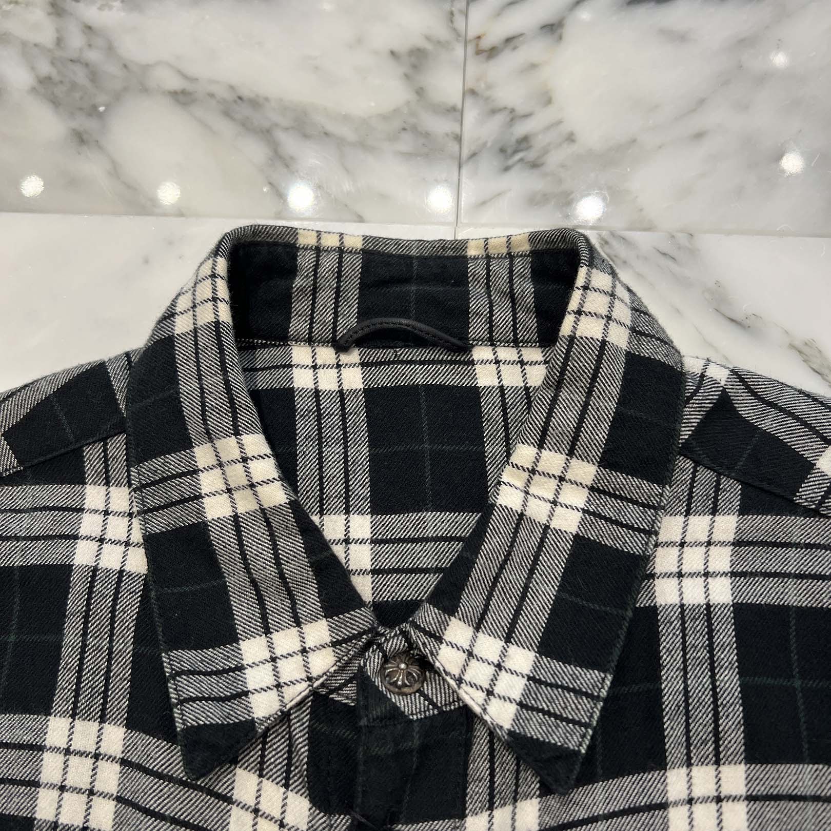 CHROME HEARTS Leather Cross Patch Cross Ball Button Check Shirt Size L クロムハーツ レザークロスパッチ クロスボールボタン チェックシャツ サイズL