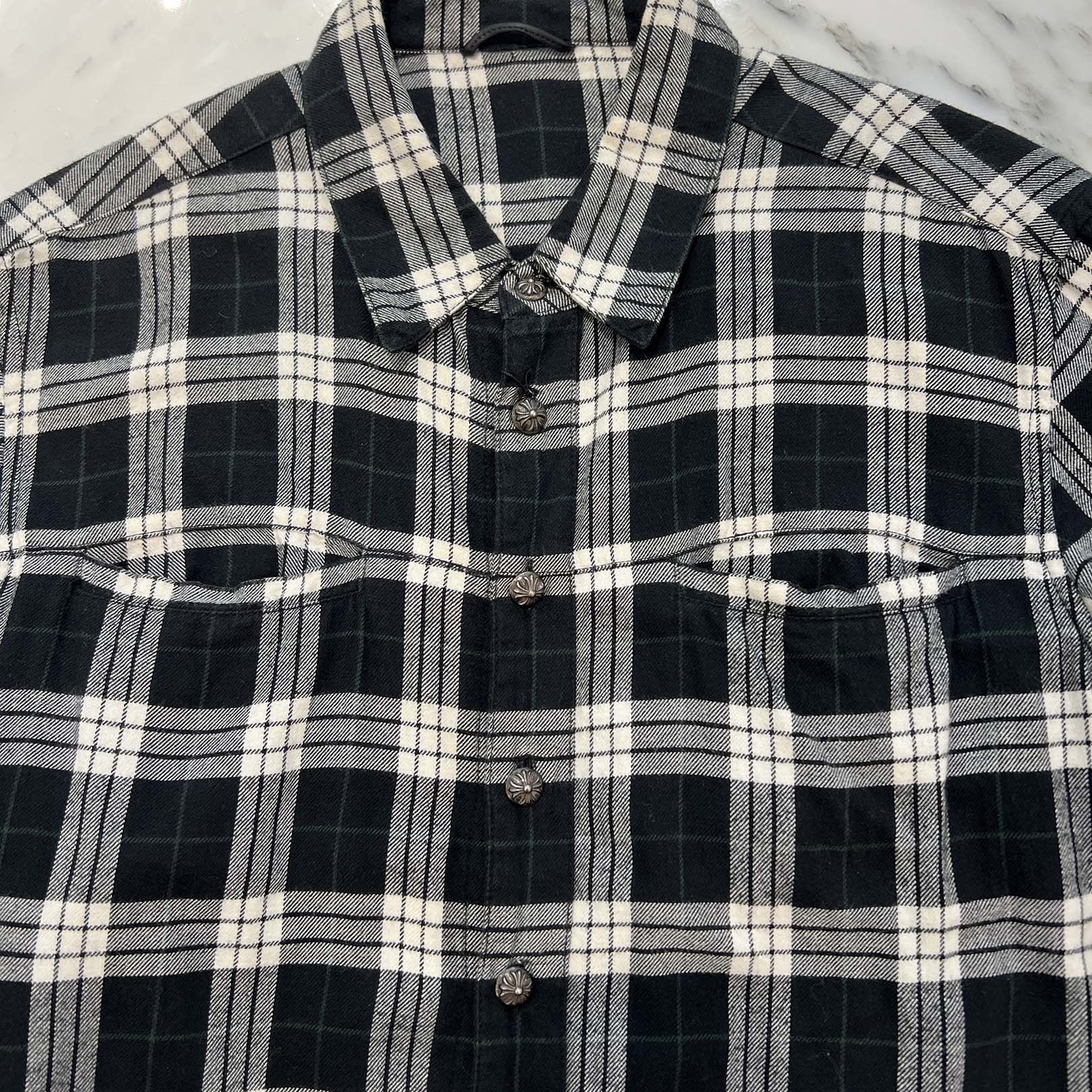 CHROME HEARTS Leather Cross Patch Cross Ball Button Check Shirt Size L クロムハーツ レザークロスパッチ クロスボールボタン チェックシャツ サイズL