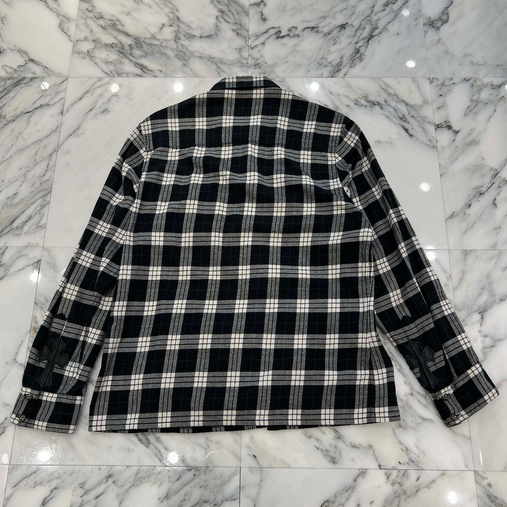 CHROME HEARTS Leather Cross Patch Cross Ball Button Check Shirt Size L クロムハーツ レザークロスパッチ クロスボールボタン チェックシャツ サイズL