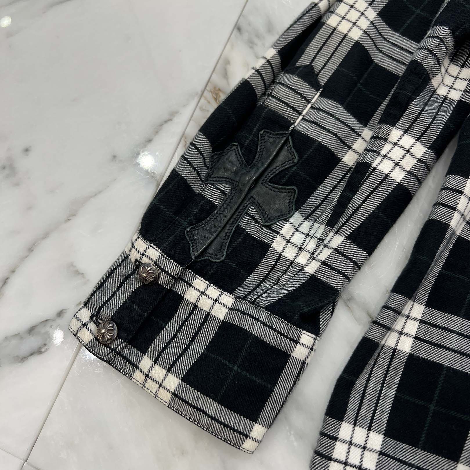 CHROME HEARTS Leather Cross Patch Cross Ball Button Check Shirt Size L クロムハーツ レザークロスパッチ クロスボールボタン チェックシャツ サイズL