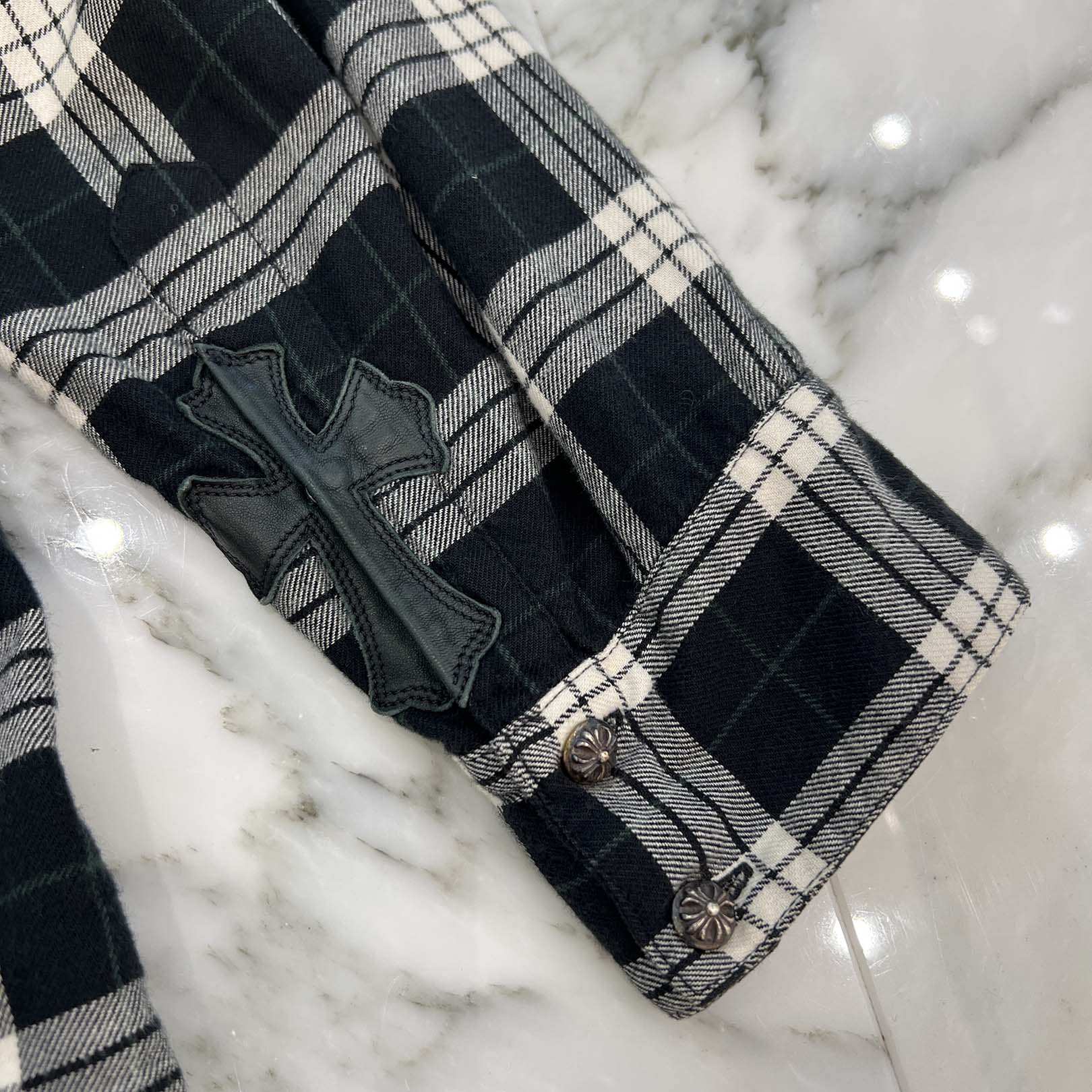 CHROME HEARTS Leather Cross Patch Cross Ball Button Check Shirt Size L クロムハーツ レザークロスパッチ クロスボールボタン チェックシャツ サイズL