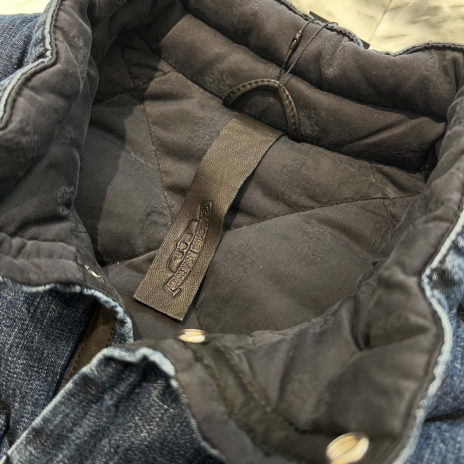 CHROME HEARTS YNOT TEENAGE KICKS Cross Ball Button Quilting Denim Down Jacket Size XL クロムハーツ ワイノット TEENAGE KICKS クロスボールボタン キルティング デニム ダウンジャケット サイズXL