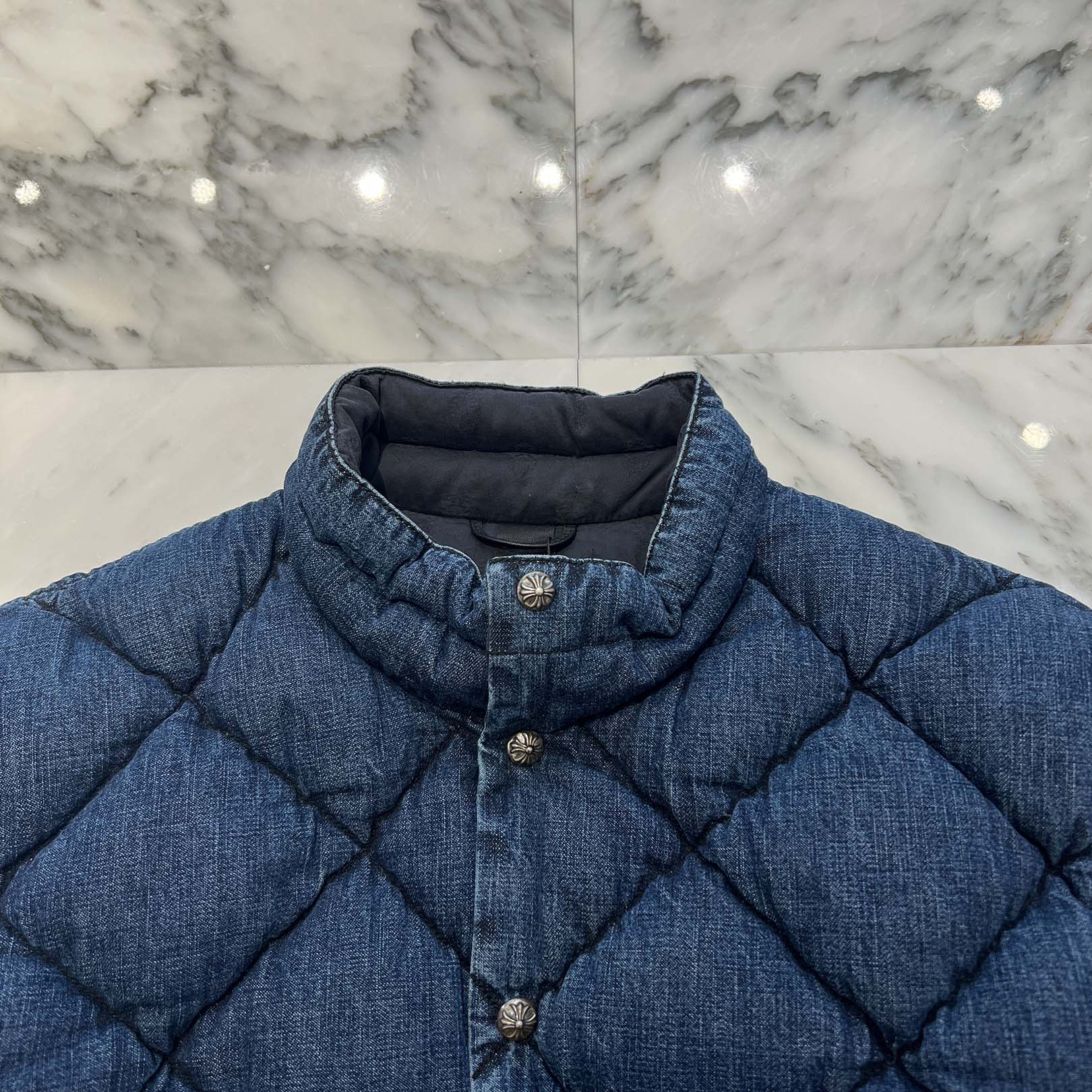 CHROME HEARTS YNOT TEENAGE KICKS Cross Ball Button Quilting Denim Down Jacket Size XL クロムハーツ ワイノット TEENAGE KICKS クロスボールボタン キルティング デニム ダウンジャケット サイズXL