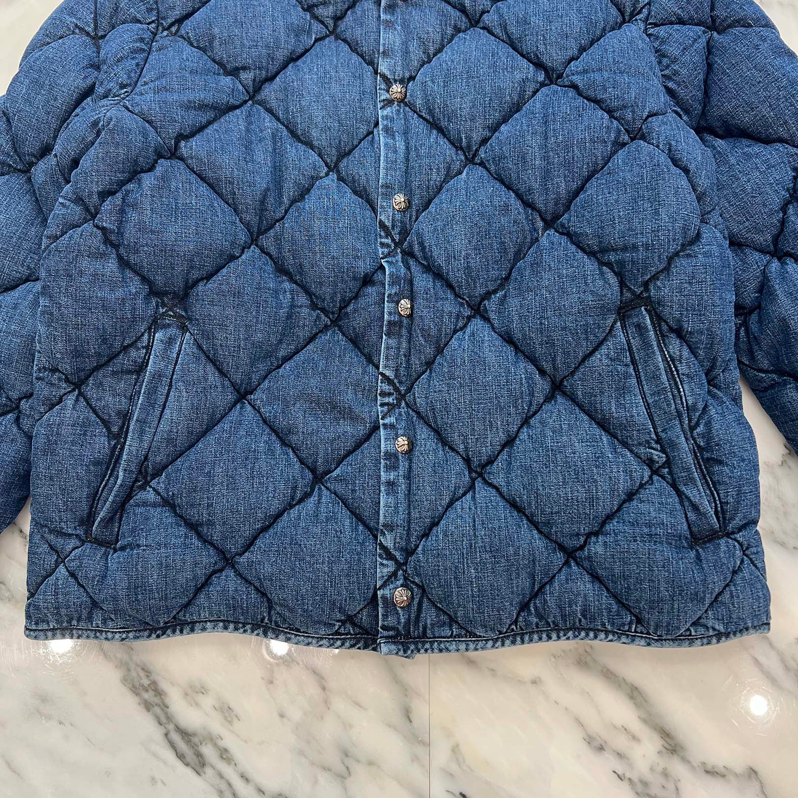 CHROME HEARTS YNOT TEENAGE KICKS Cross Ball Button Quilting Denim Down Jacket Size XL クロムハーツ ワイノット TEENAGE KICKS クロスボールボタン キルティング デニム ダウンジャケット サイズXL