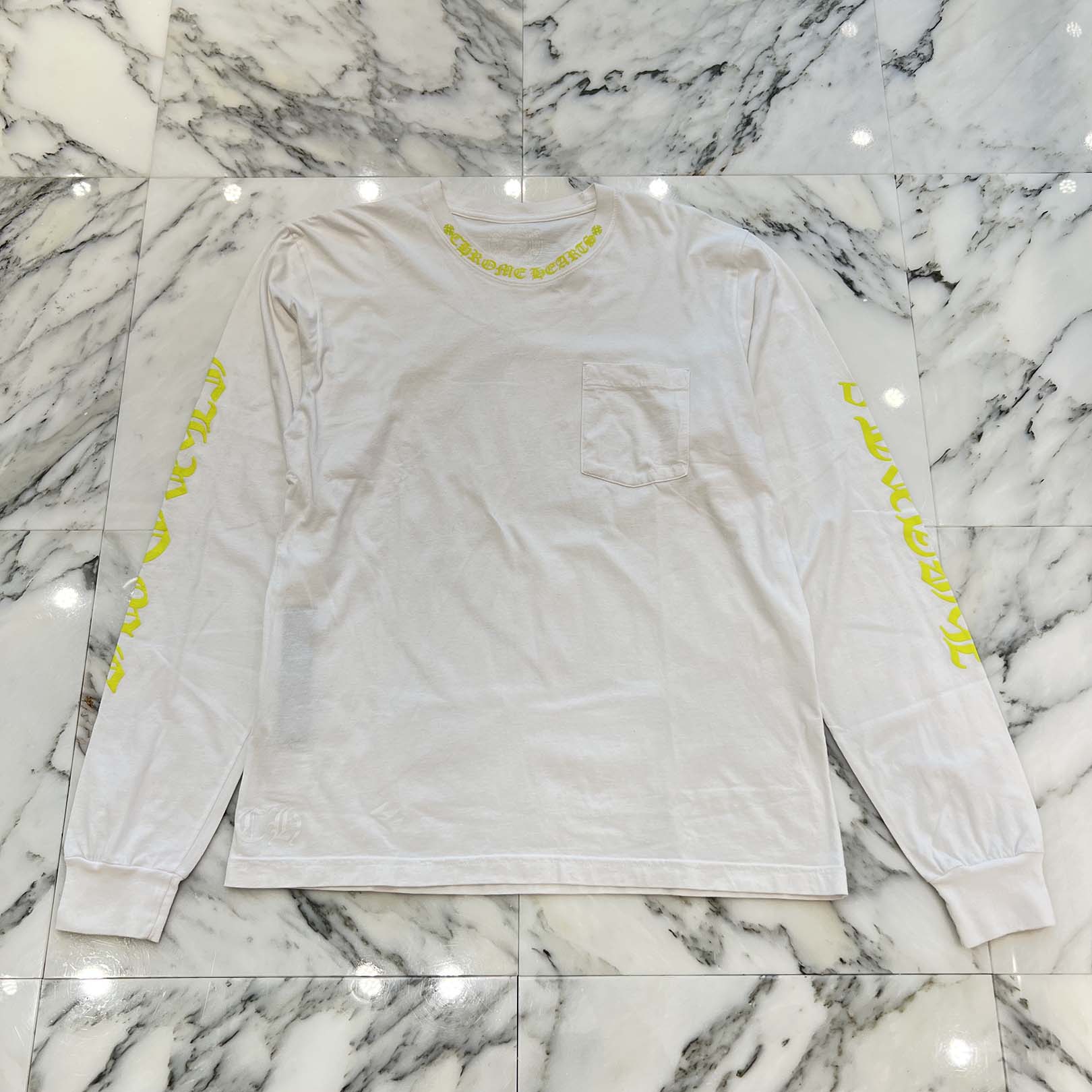 CHROME HEARTS Old English Neck Logo Neon Yellow Long Sleeve Tee Size L クロムハーツ オールドイングリッシュネックロゴネオンイエローロングスリーブTシャツ サイズL