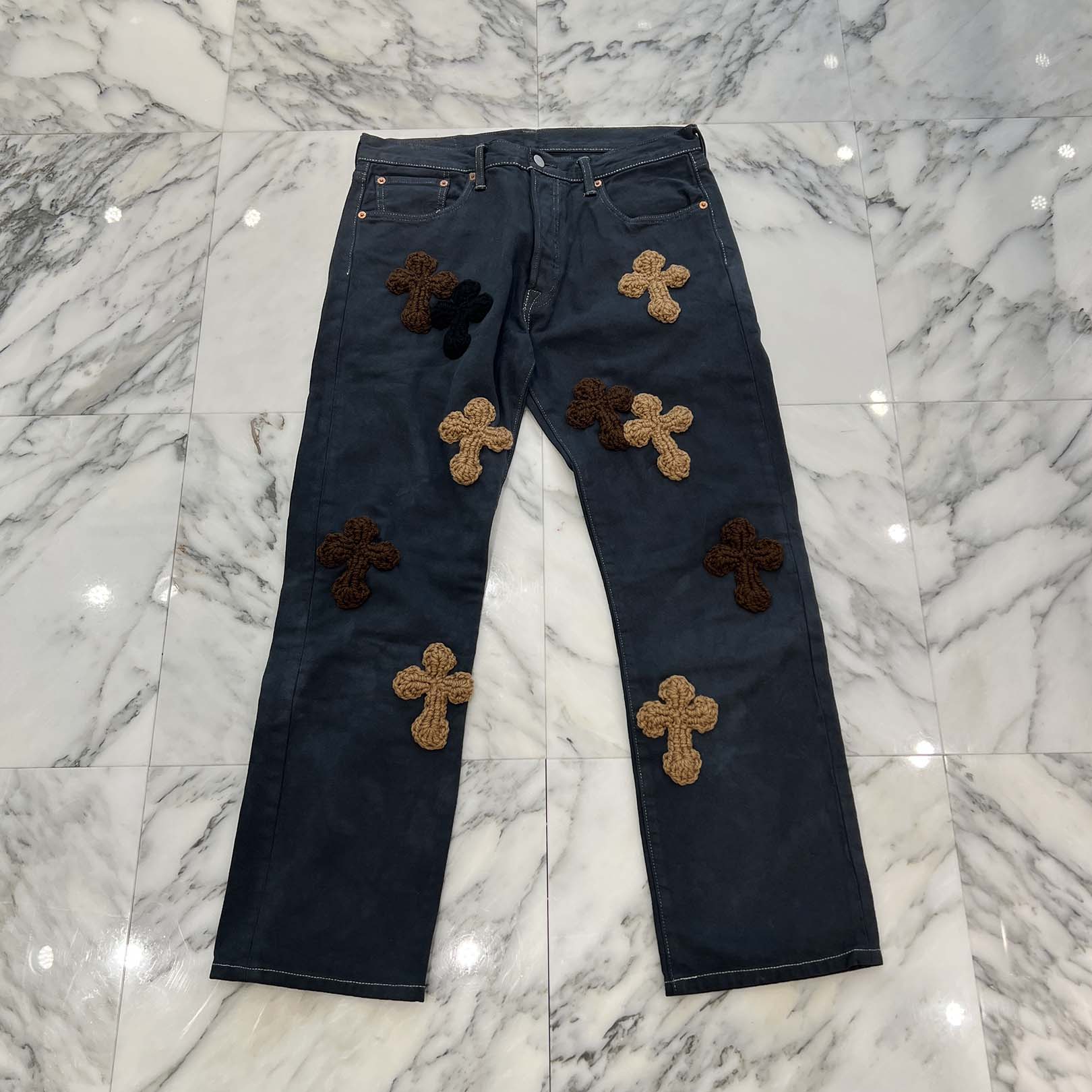 y.a.r.n 刺繍クロスモチーフパンツ デニム y.a.r.n クロス刺繍 デニム