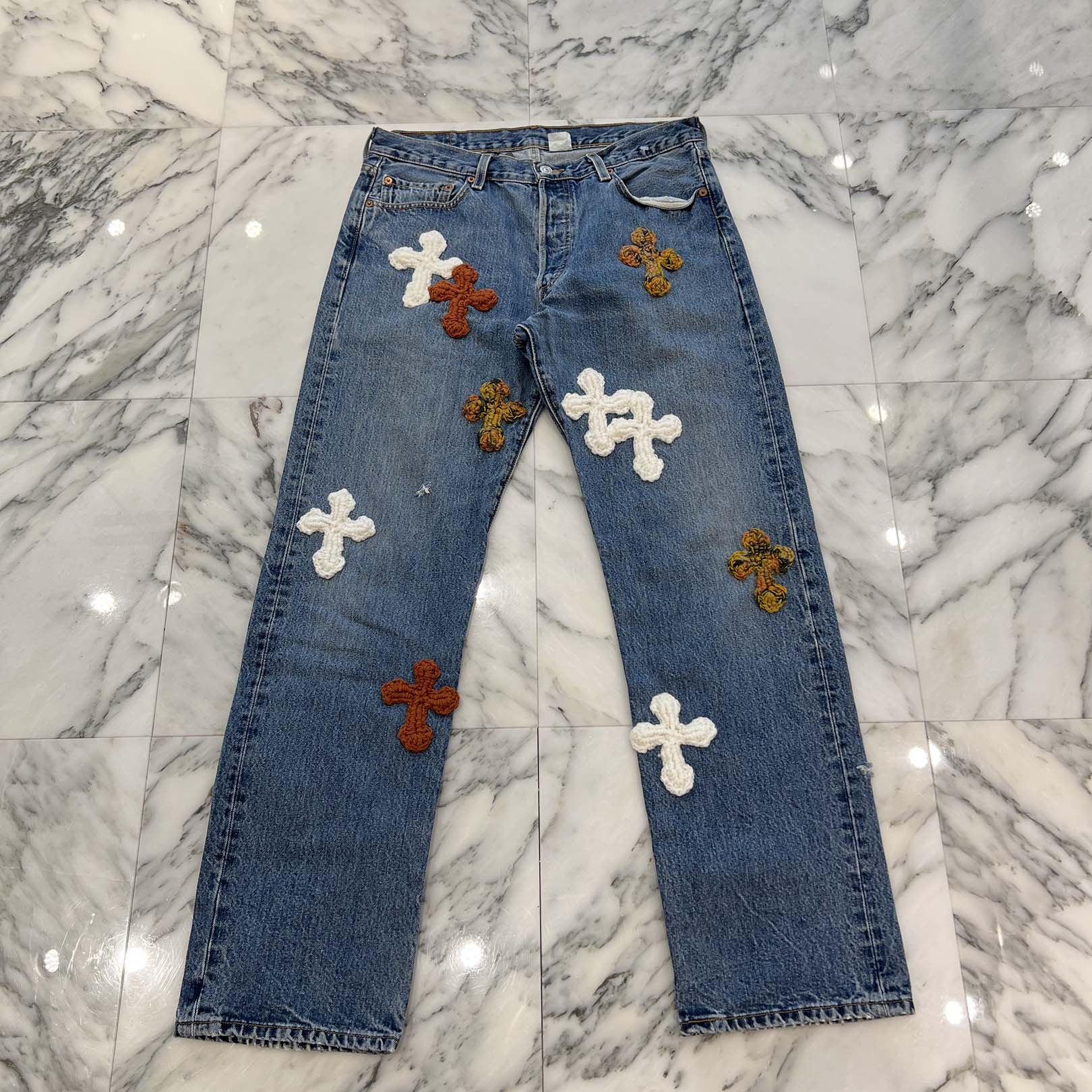 Y.A.R.N × Levi's 501 Body Knit Cross Denim Pants Size W34×L32 ヤーン×リーバイス 501 ボディ ニットクロス デニムパンツ サイズW34×L32