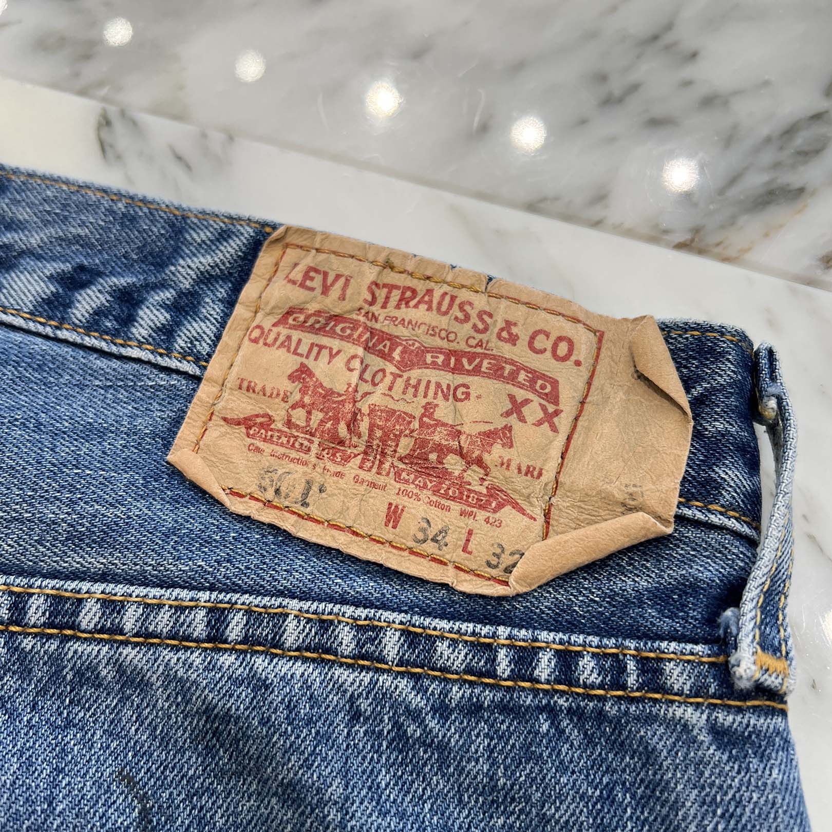 Y.A.R.N × Levi's 501 Body Knit Cross Denim Pants Size W34×L32 ヤーン×リーバイス 501 ボディ ニットクロス デニムパンツ サイズW34×L32