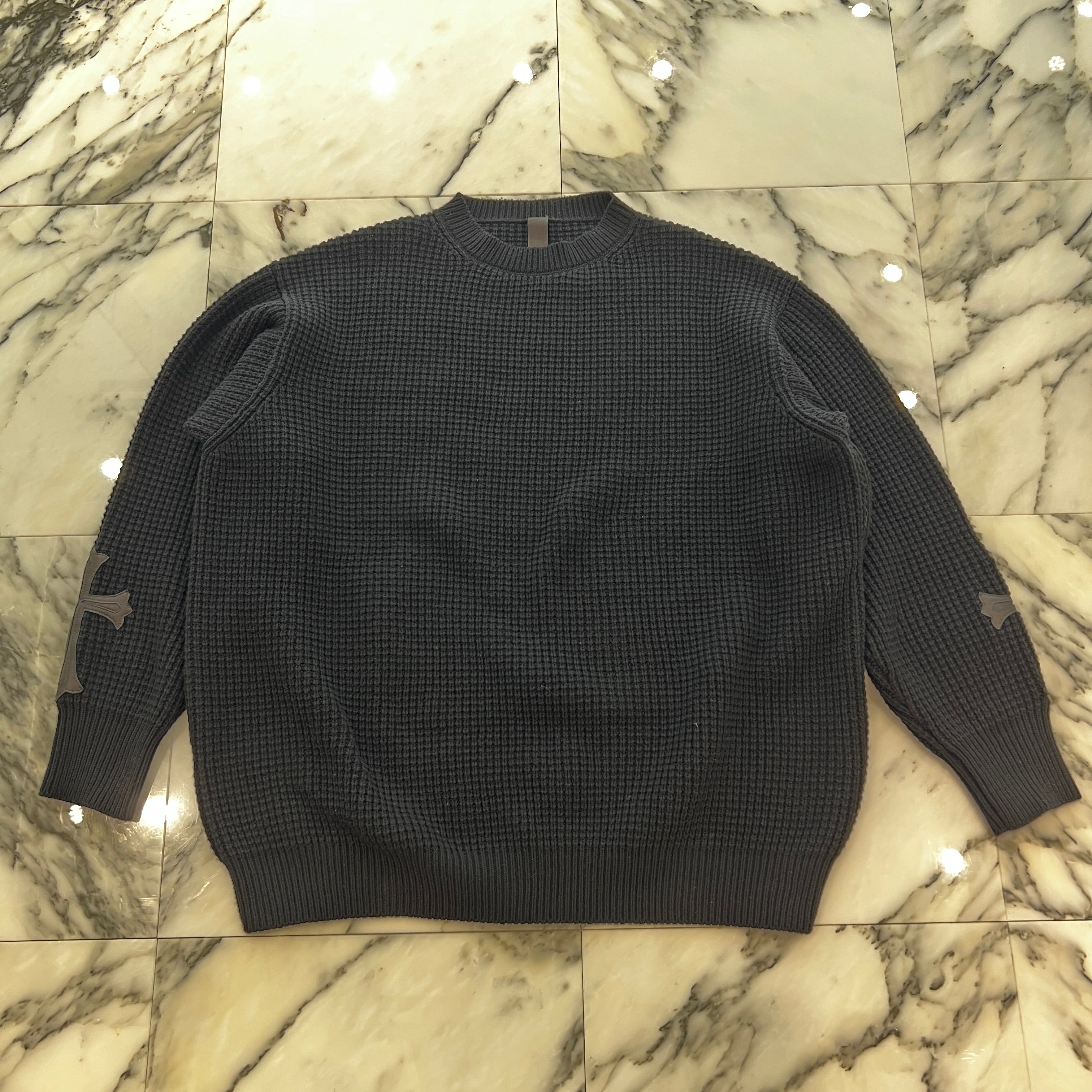 CHROME HEARTS Y NOT Arm Leather Cross Patch Cashmere Knit Sweater Size L クロムハーツ ワイノット 袖レザークロスパッチ カシミヤ ニットセーター サイズL