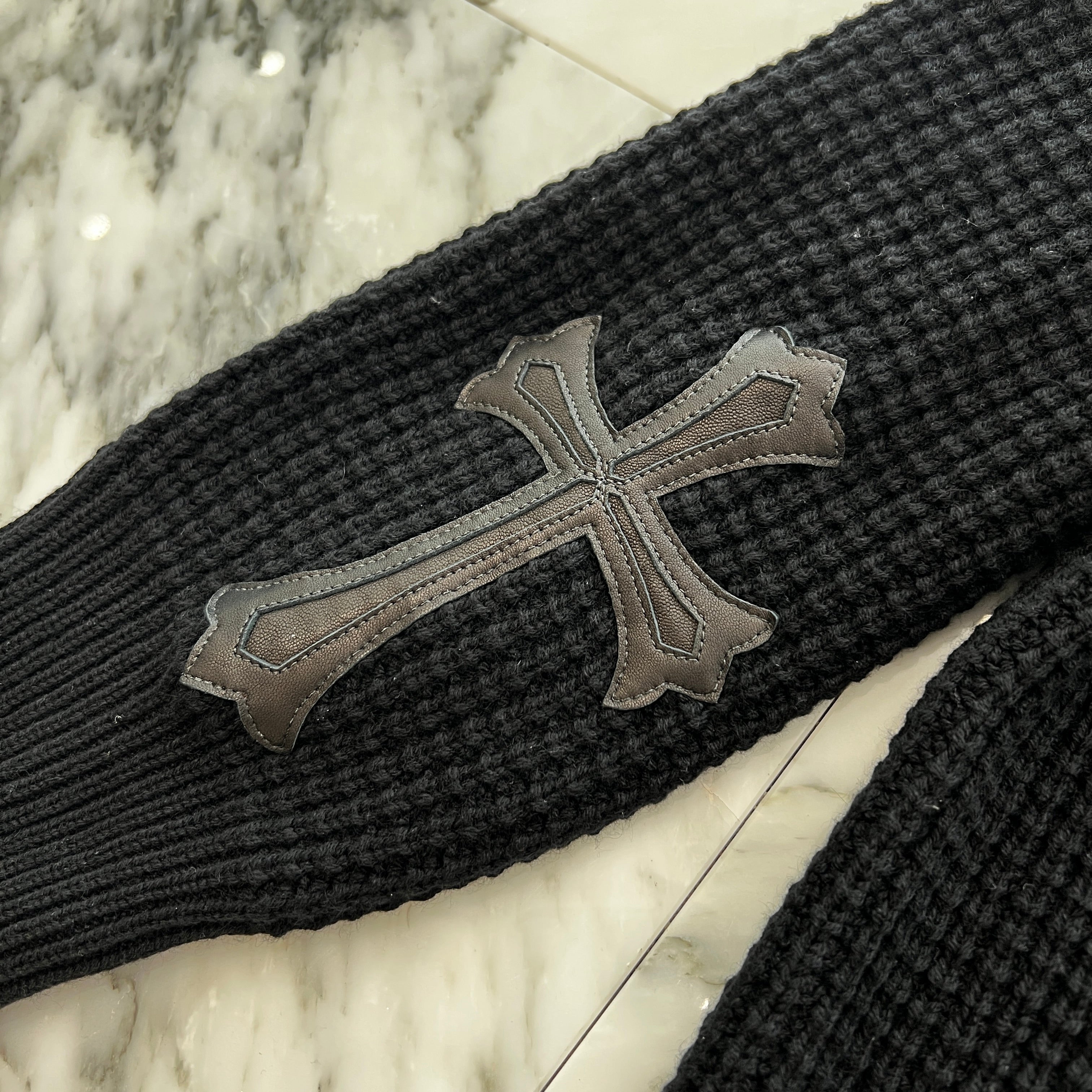 CHROME HEARTS Y NOT Arm Leather Cross Patch Cashmere Knit Sweater Size L クロムハーツ ワイノット 袖レザークロスパッチ カシミヤ ニットセーター サイズL