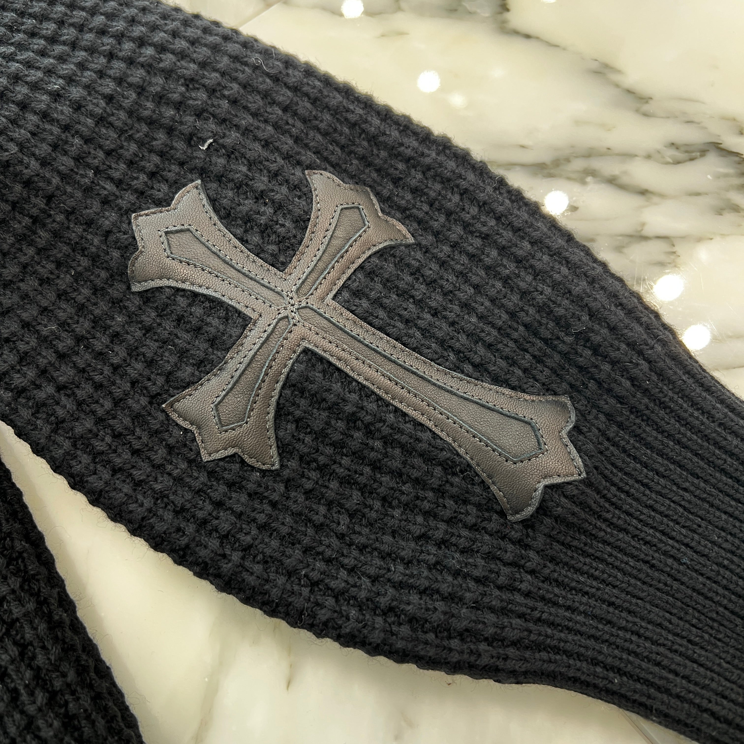 CHROME HEARTS Y NOT Arm Leather Cross Patch Cashmere Knit Sweater Size L クロムハーツ ワイノット 袖レザークロスパッチ カシミヤ ニットセーター サイズL