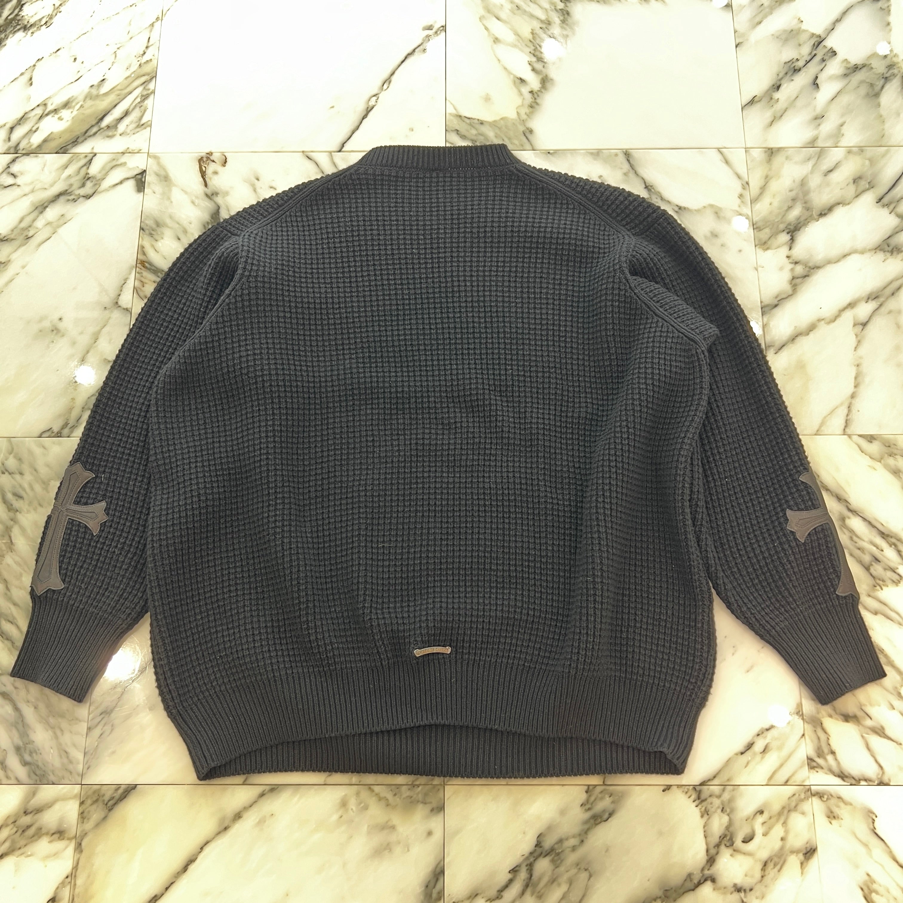 CHROME HEARTS Y NOT Arm Leather Cross Patch Cashmere Knit Sweater Size L クロムハーツ ワイノット 袖レザークロスパッチ カシミヤ ニットセーター サイズL