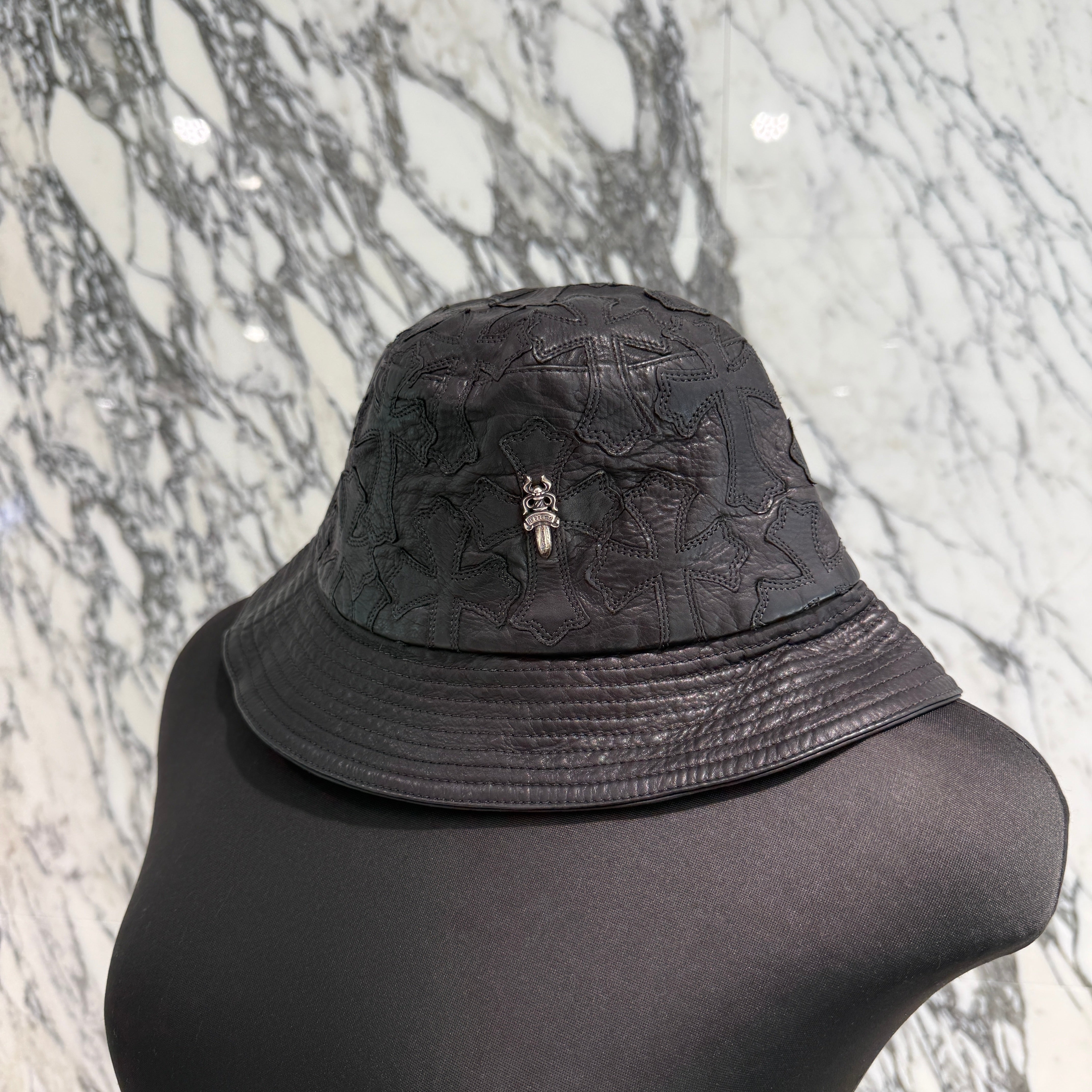 CHROME HEARTS Dagger Cross Leather Patch Leather Bucket Hat Size M(58.5cm) クロムハーツ ダガー クロスレザーパッチ レザーバケットハット サイズM(58.5cm)