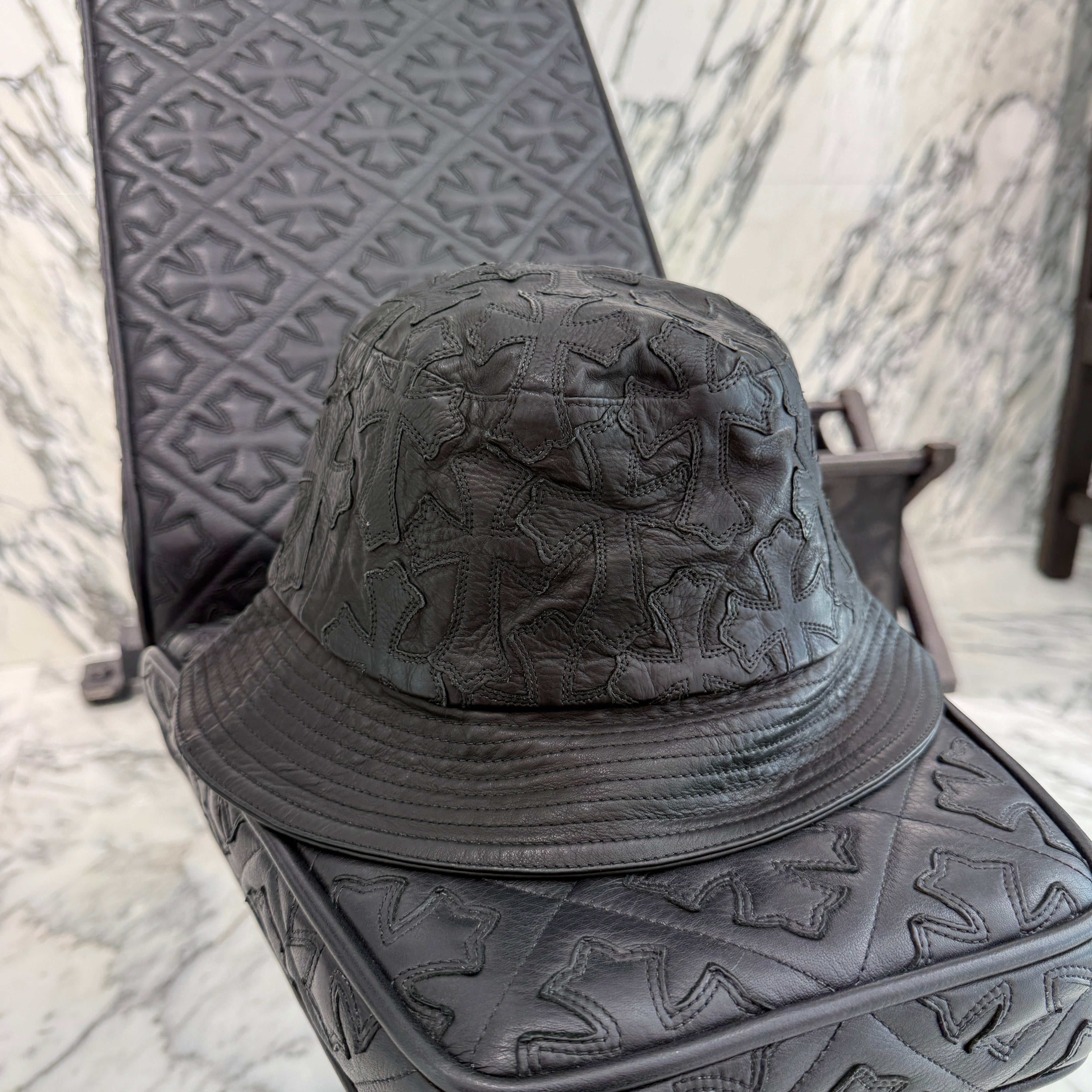 CHROME HEARTS Dagger Cross Leather Patch Leather Bucket Hat Size M(58.5cm) クロムハーツ ダガー クロスレザーパッチ レザーバケットハット サイズM(58.5cm)