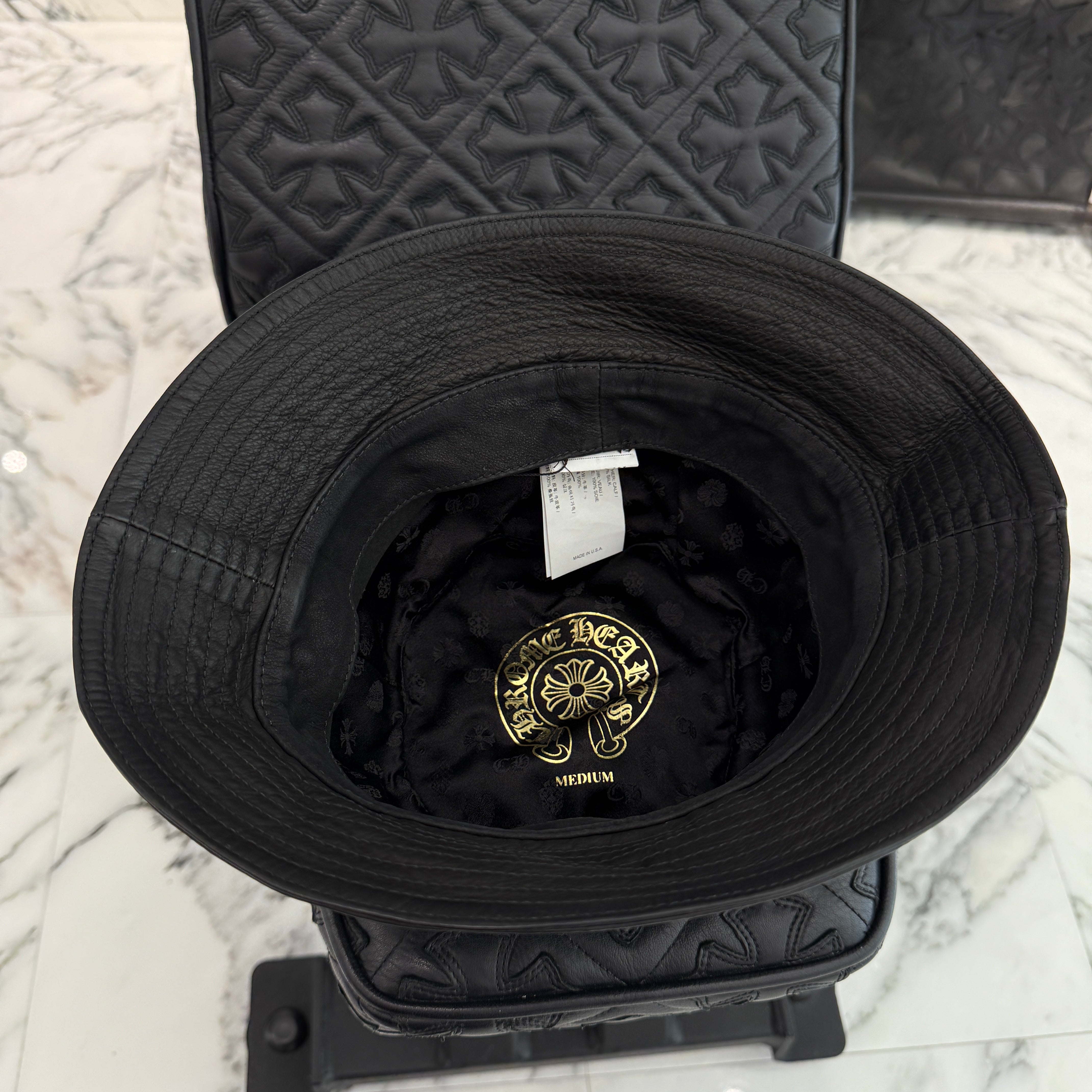 CHROME HEARTS Dagger Cross Leather Patch Leather Bucket Hat Size M(58.5cm) クロムハーツ ダガー クロスレザーパッチ レザーバケットハット サイズM(58.5cm)