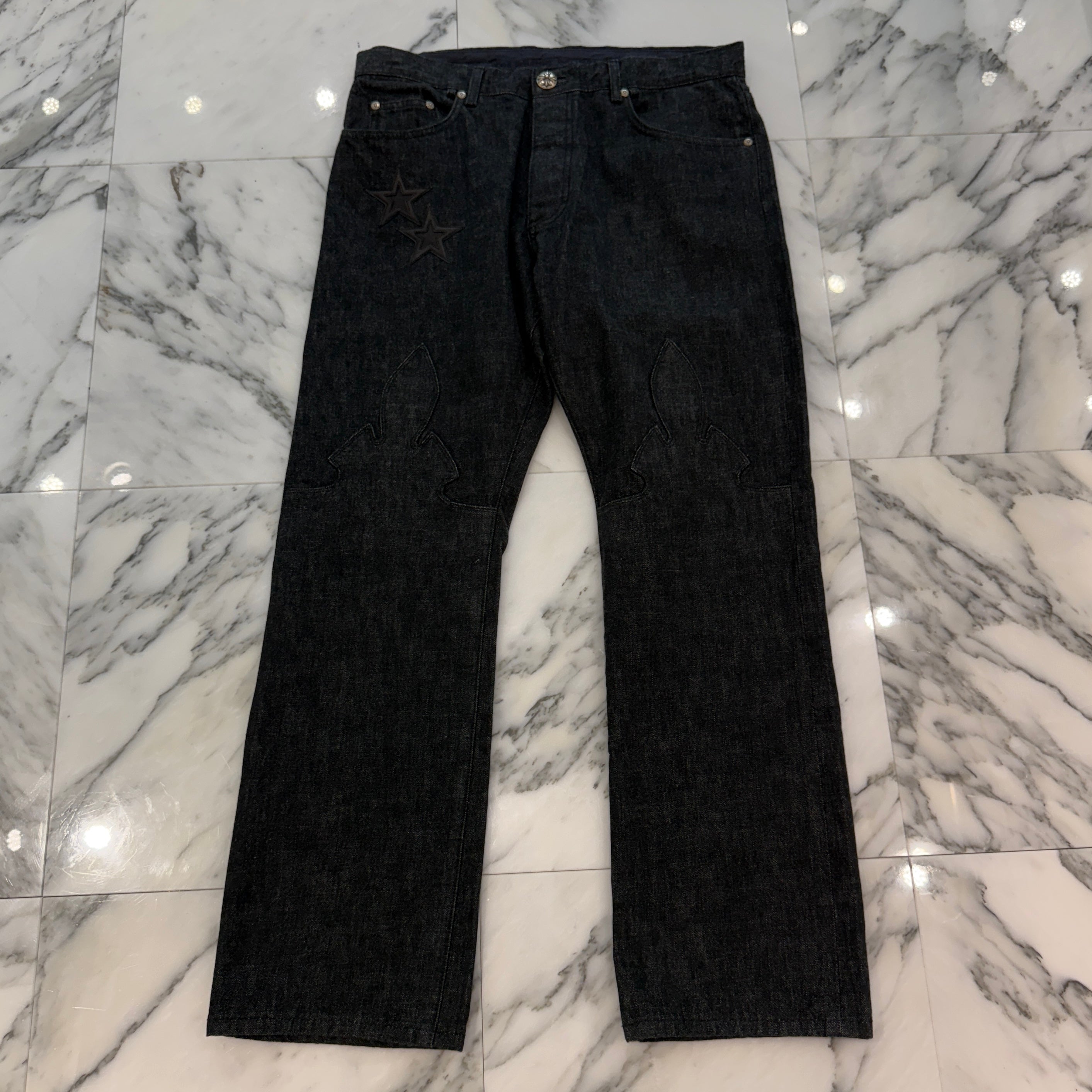 CHROME HEARTS Flare Knee Star Leather Patch Denim Pants Size 36 クロムハーツ フレアニー スターレザーパッチ デニムパンツ サイズ36