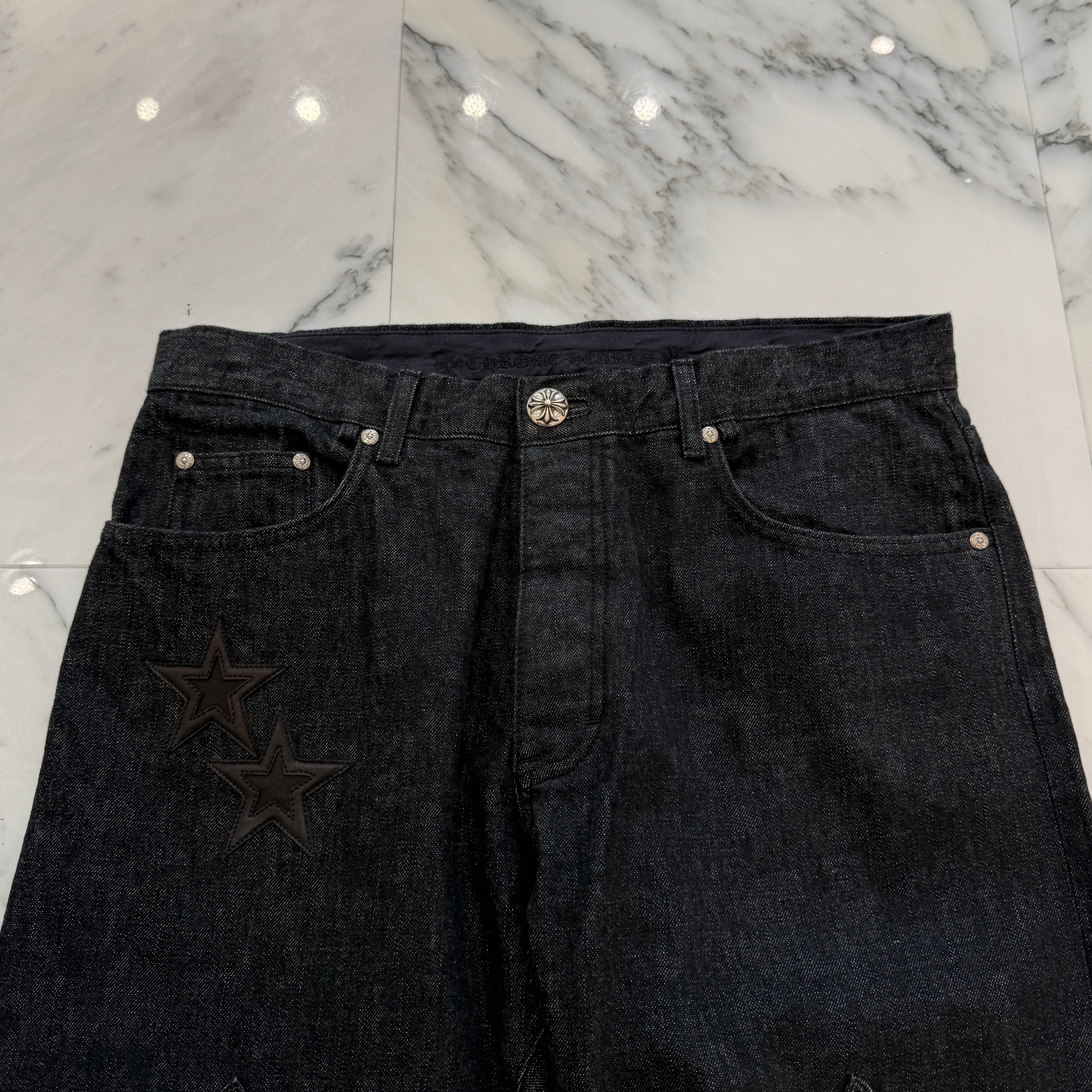 CHROME HEARTS Flare Knee Star Leather Patch Denim Pants Size 36 クロムハーツ フレアニー スターレザーパッチ デニムパンツ サイズ36