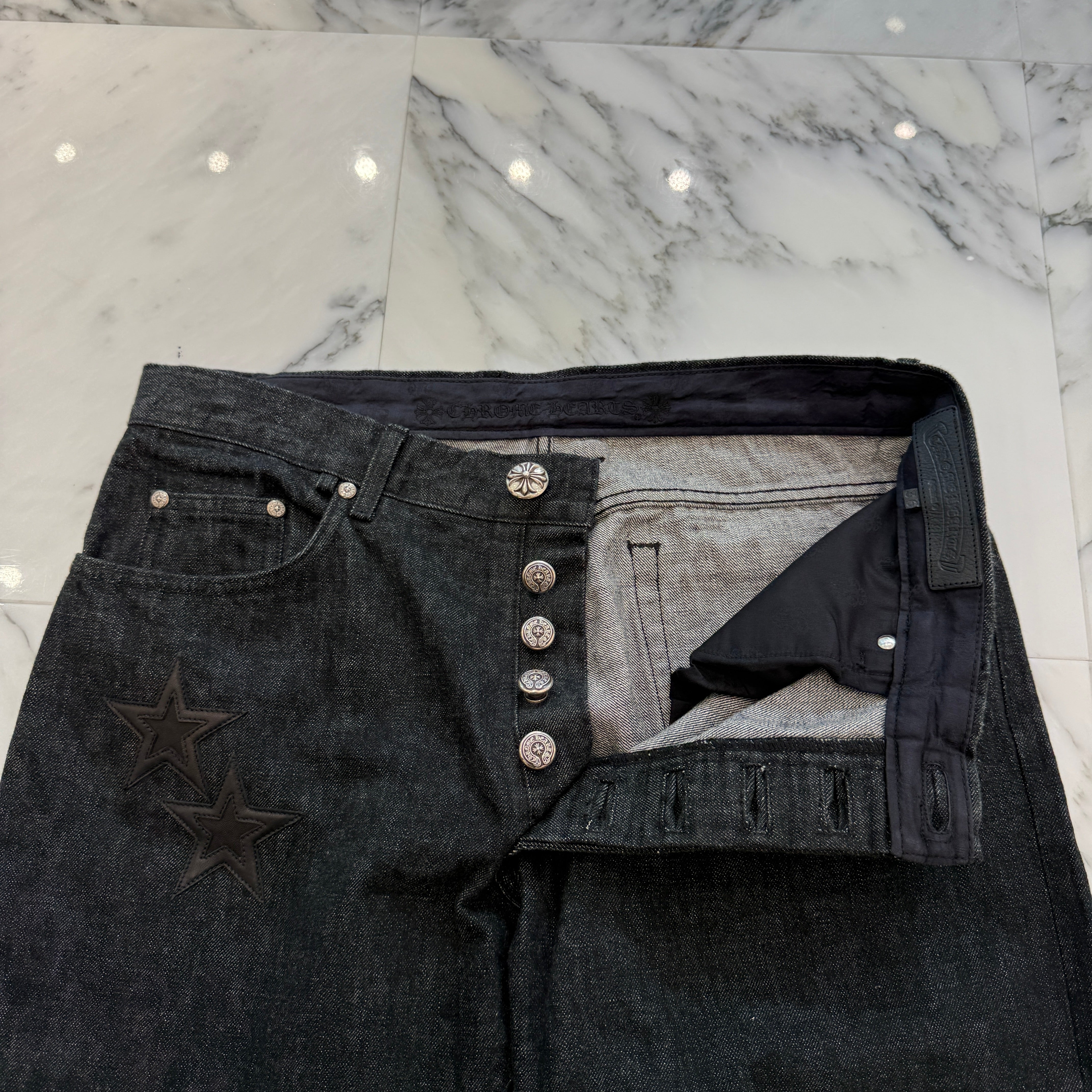 CHROME HEARTS Flare Knee Star Leather Patch Denim Pants Size 36 クロムハーツ フレアニー スターレザーパッチ デニムパンツ サイズ36
