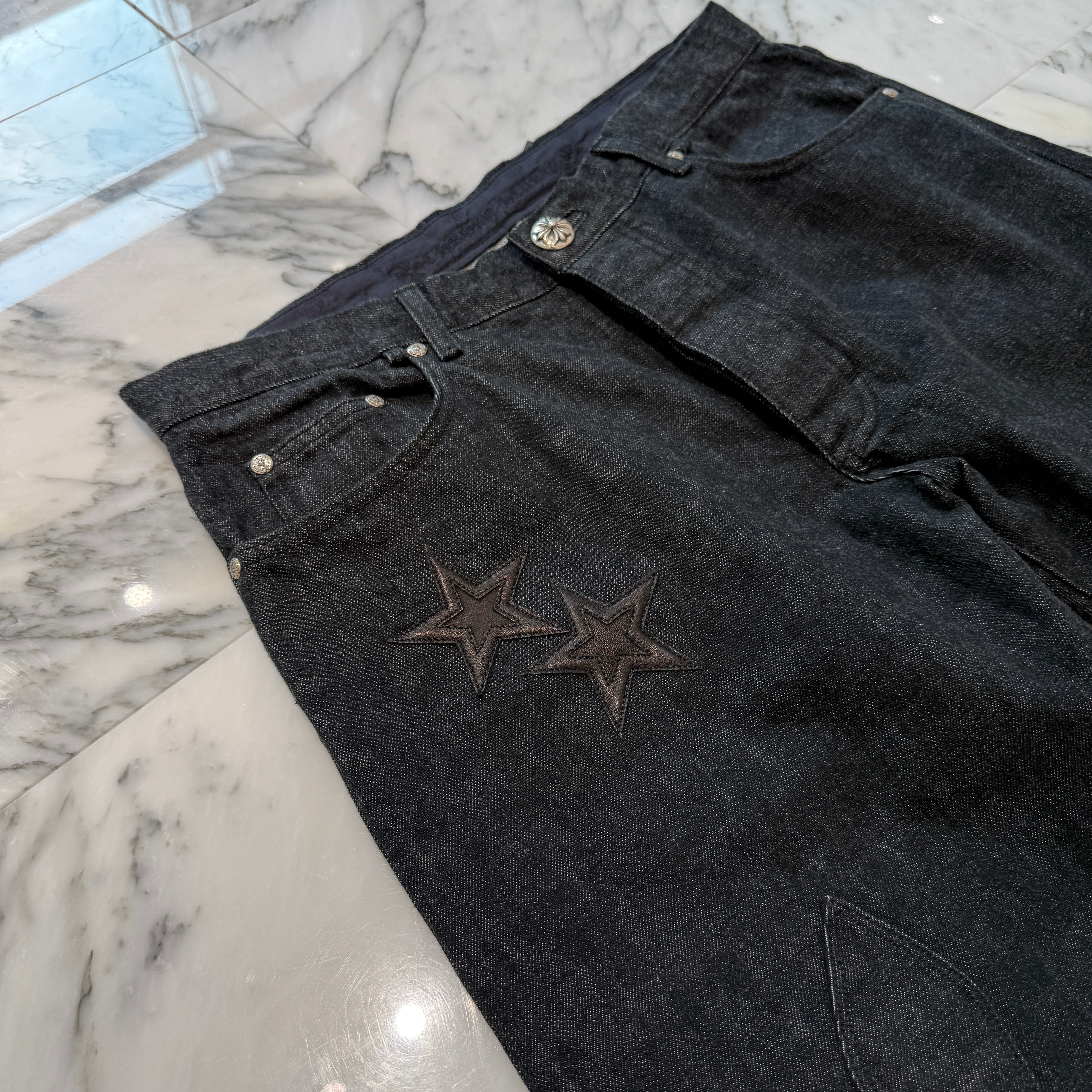 CHROME HEARTS Flare Knee Star Leather Patch Denim Pants Size 36 クロムハーツ フレアニー スターレザーパッチ デニムパンツ サイズ36