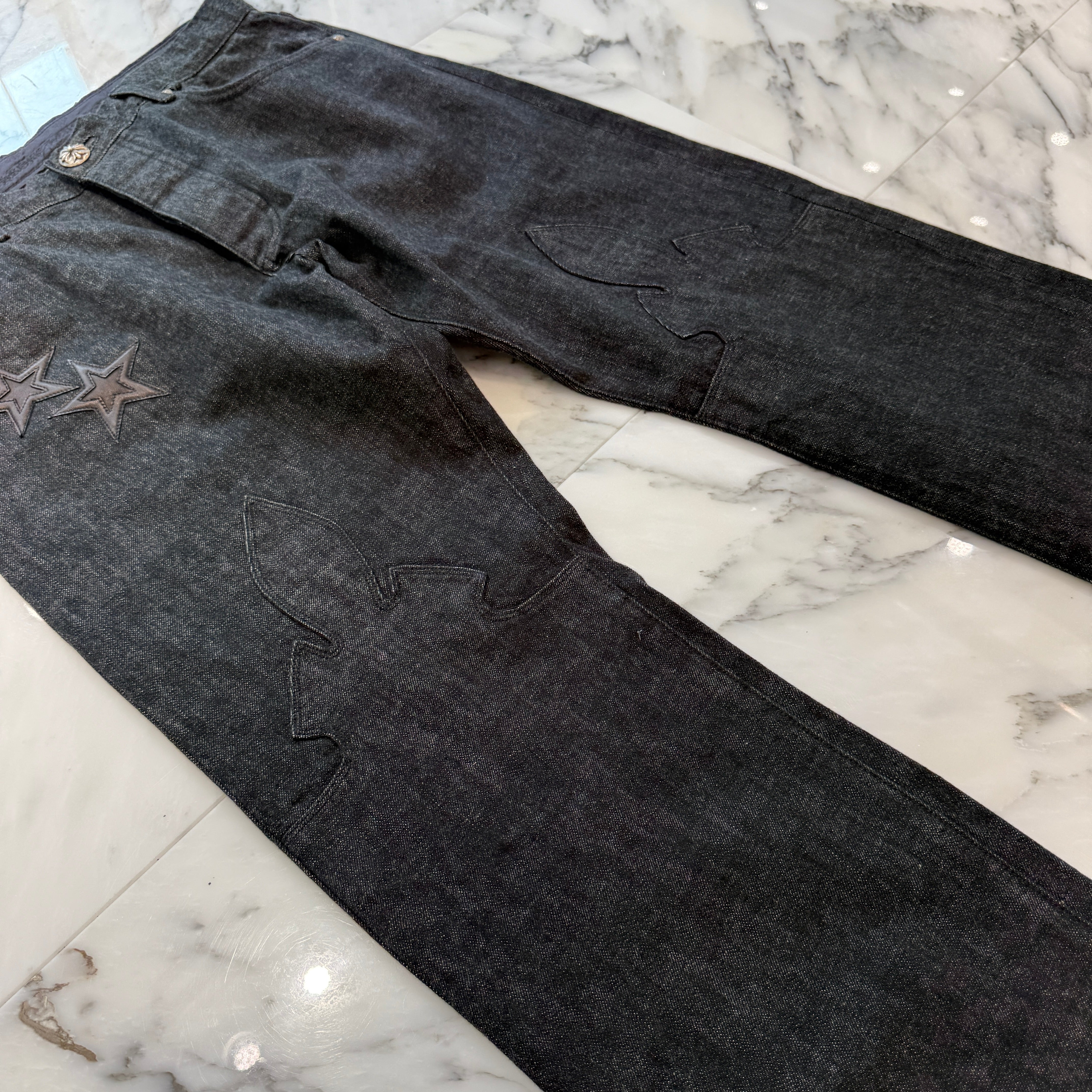 CHROME HEARTS Flare Knee Star Leather Patch Denim Pants Size 36 クロムハーツ フレアニー スターレザーパッチ デニムパンツ サイズ36