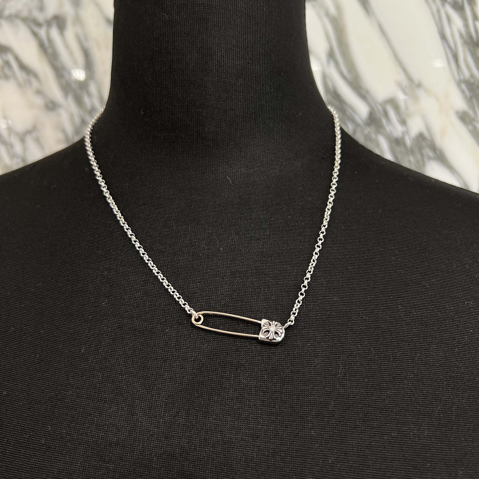 CHROME HEARTS Safety Pin Pendant Top 1 Diamond Roll Chain Necklace Size 17 Inch クロムハーツ セーフティピン 1ダイヤモンド ペンダントトップ ロールチェーン ネックレス サイズ17インチ
