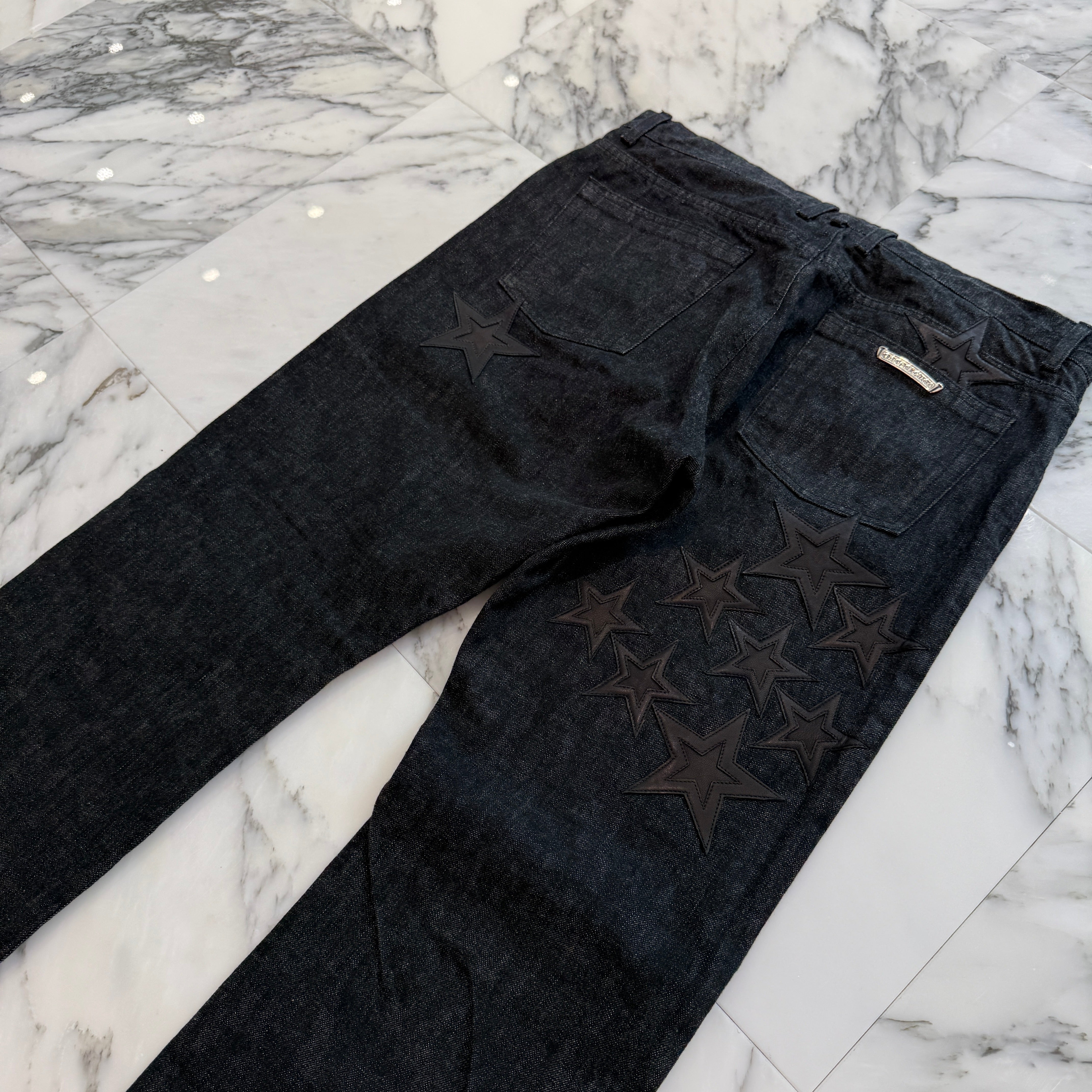 CHROME HEARTS Flare Knee Star Leather Patch Denim Pants Size 36 クロムハーツ フレアニー スターレザーパッチ デニムパンツ サイズ36