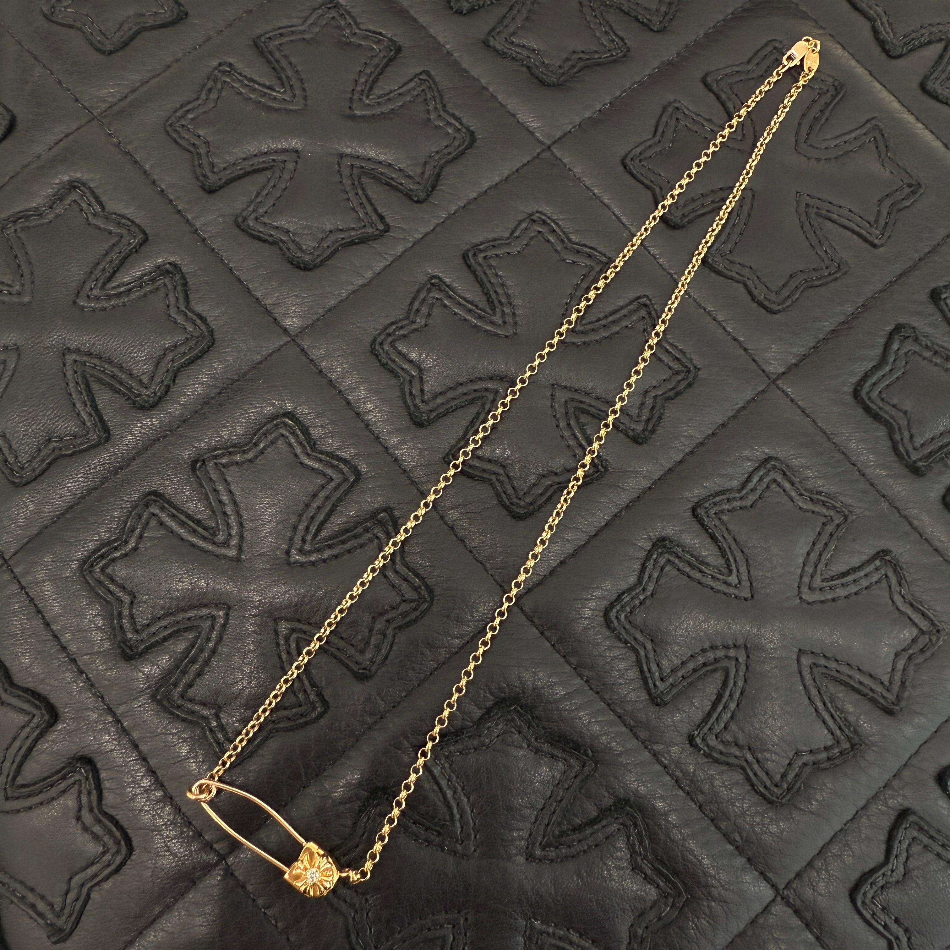 CHROME HEARTS 22K Safety Pin 1 Diamond Roll Chain Necklace Size 18 Inch クロムハーツ 22K セーフティピン 1ダイヤモンド ロールチェーン ネックレス 18インチ