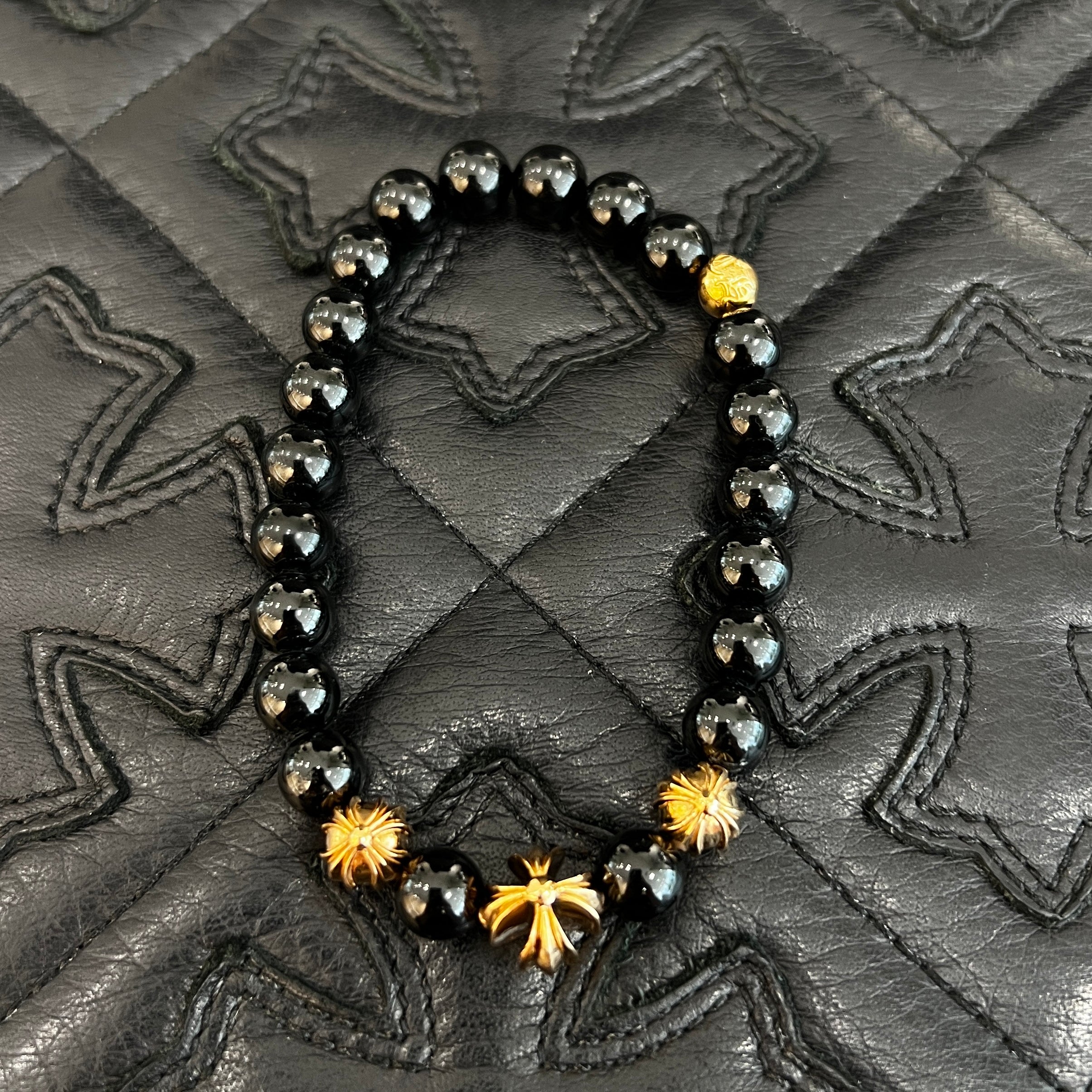 CHROME HEARTS Onyx 22K CH Cross Beads Bracelet Size 8mm クロムハーツ オニキス 22K CHクロス ビーズ ブレスレット サイズ8mm