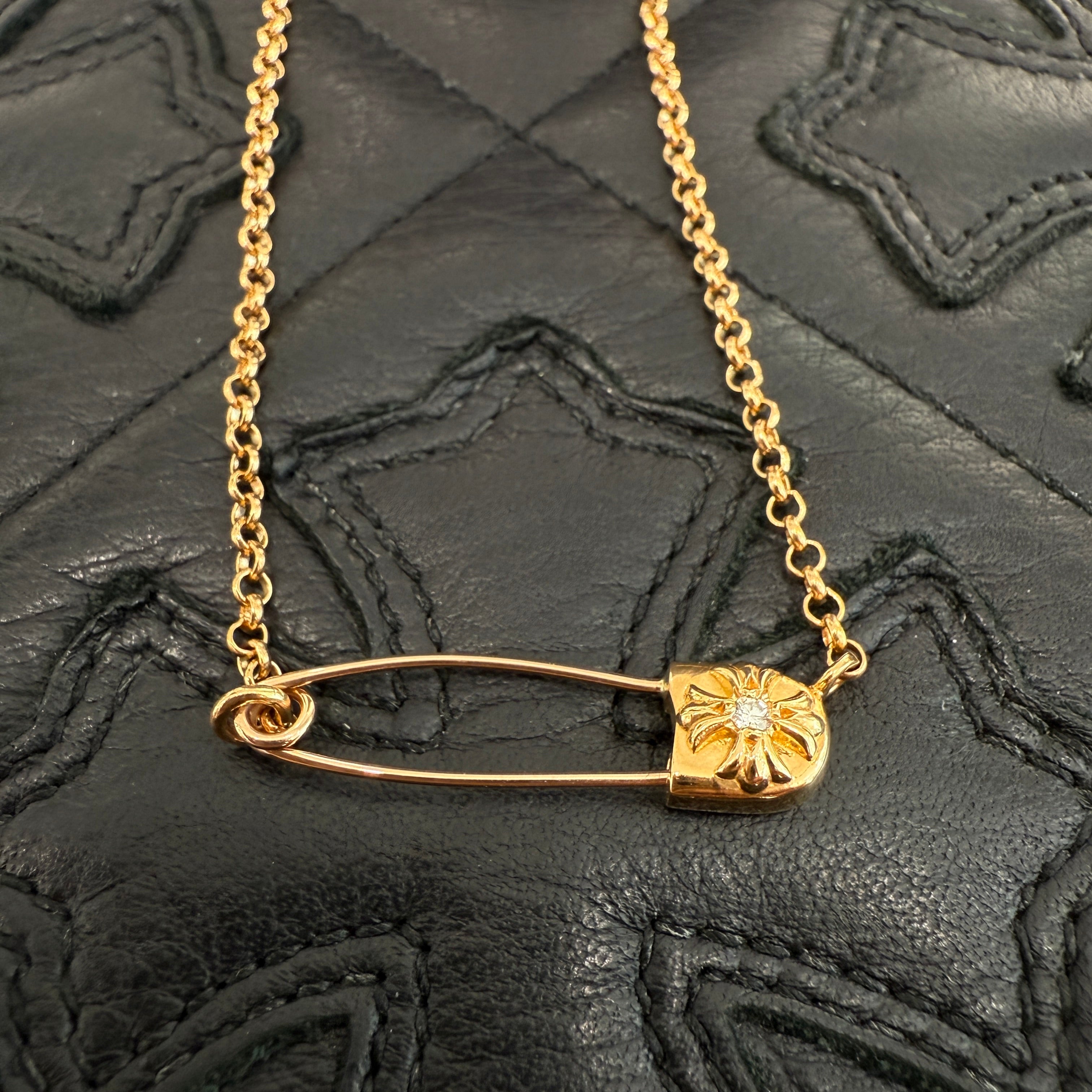 CHROME HEARTS 22K Safety Pin 1 Diamond Roll Chain Necklace Size 18 Inch クロムハーツ 22K セーフティピン 1ダイヤモンド ロールチェーン ネックレス 18インチ